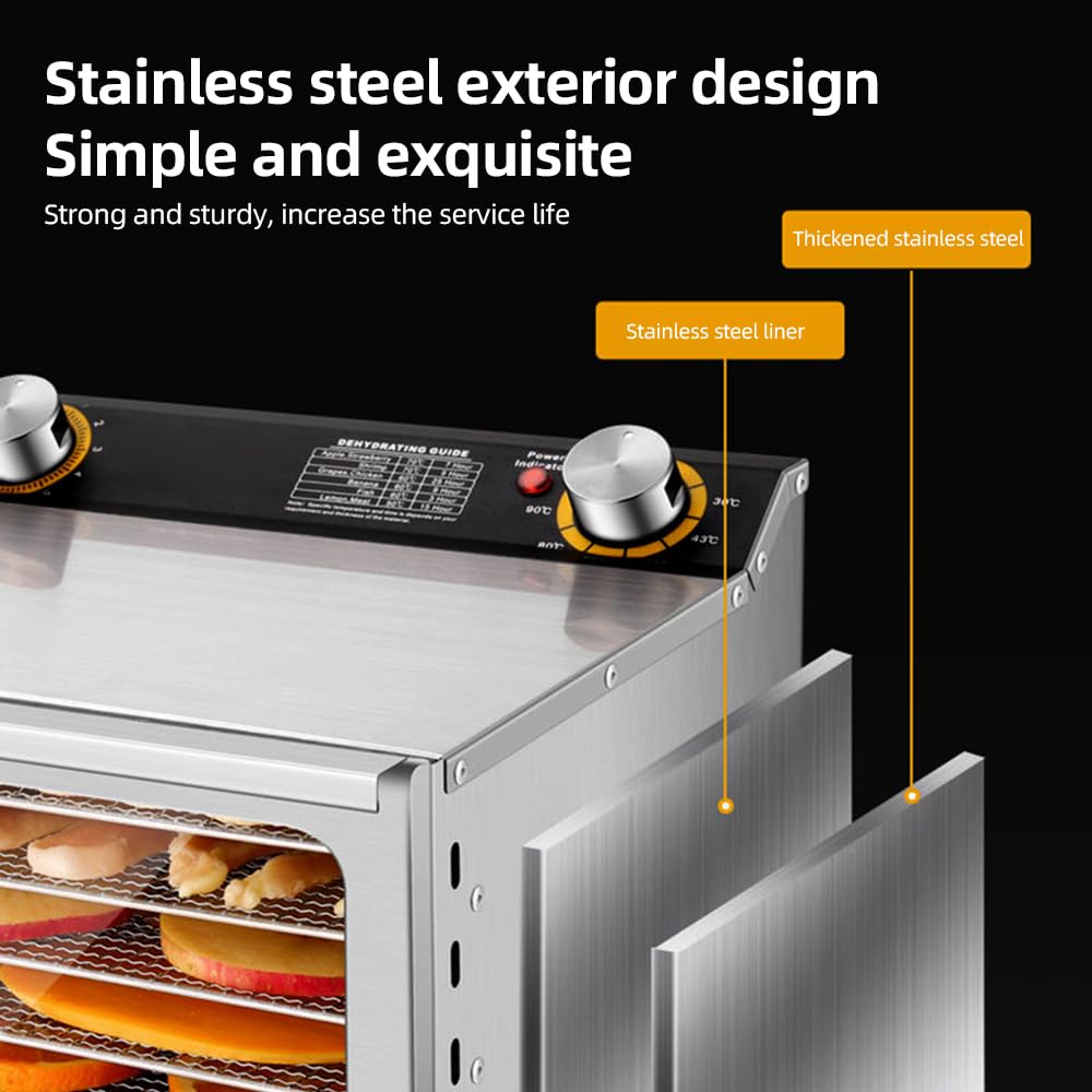 Disidratatore per Alimenti e Carne secca con Timer 12H Acciaio Inossidabile Spazzolato 12 Rastrelliere per l'Essiccazione 800W 30-90℃ Disidratatore per Frutta Verdura con Grande Manopola di Con