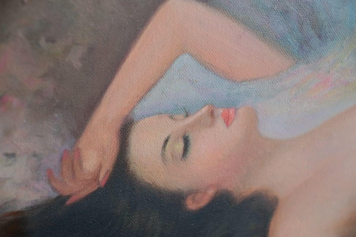 絵画、油彩、6F美人画、裸婦、山本英二、夏の風、額縁付き真作、肉筆