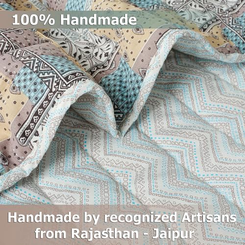 Image of SANMARINO Reversible Jaipuri Quilt | Pure Cotton Double Bed Razai with Traditional Print | Lightweight, Soft & Warm Blanket | Ideal for Winter, AC Room & All Seasons Color - Earthy Pastel Patchwork