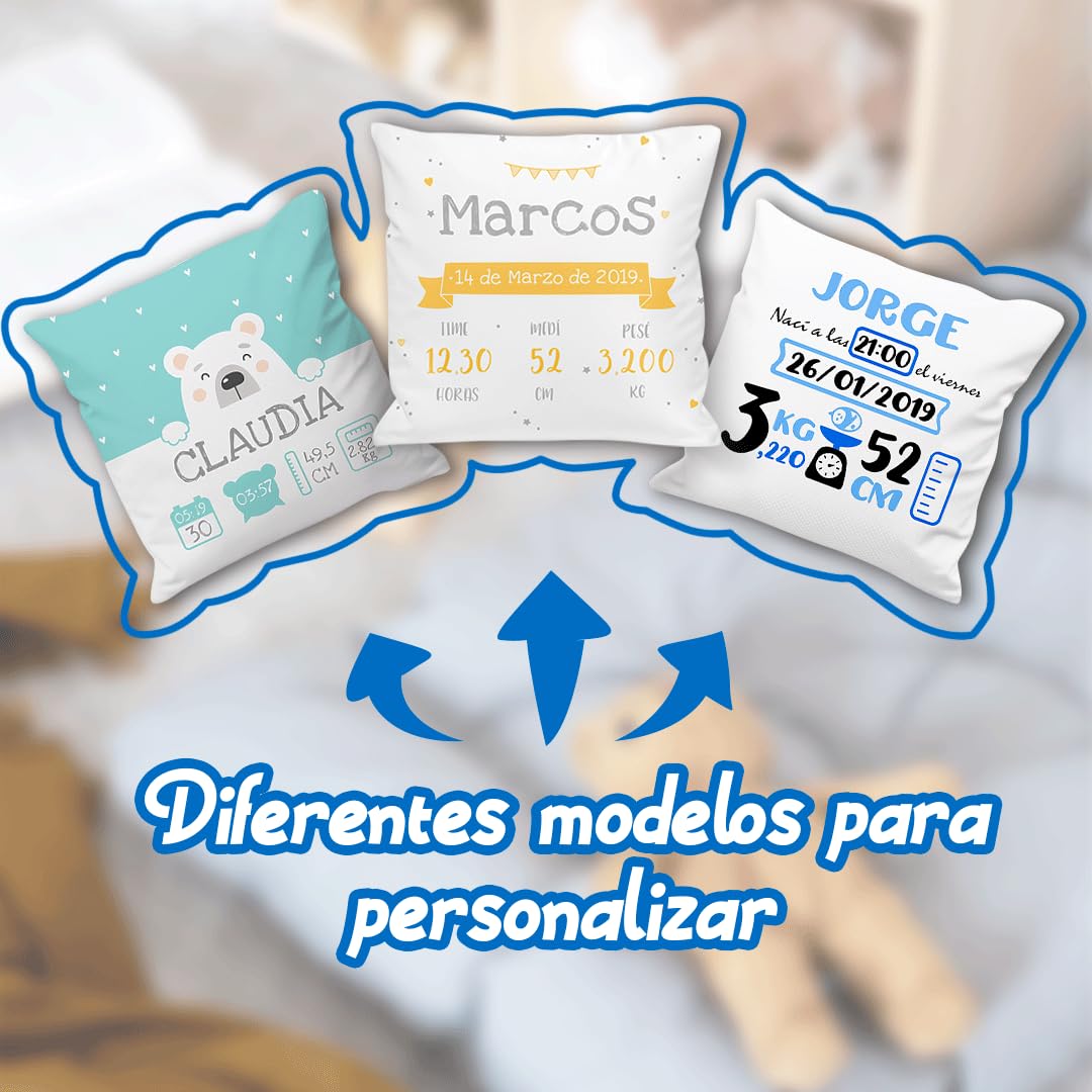 NANNUK | Cojín Personalizado para Recién Nacido | con Nombre, Hora, Fecha, Peso y Medida | Almohada Bebe Bebe Personalizado (Rosa Y Beige)