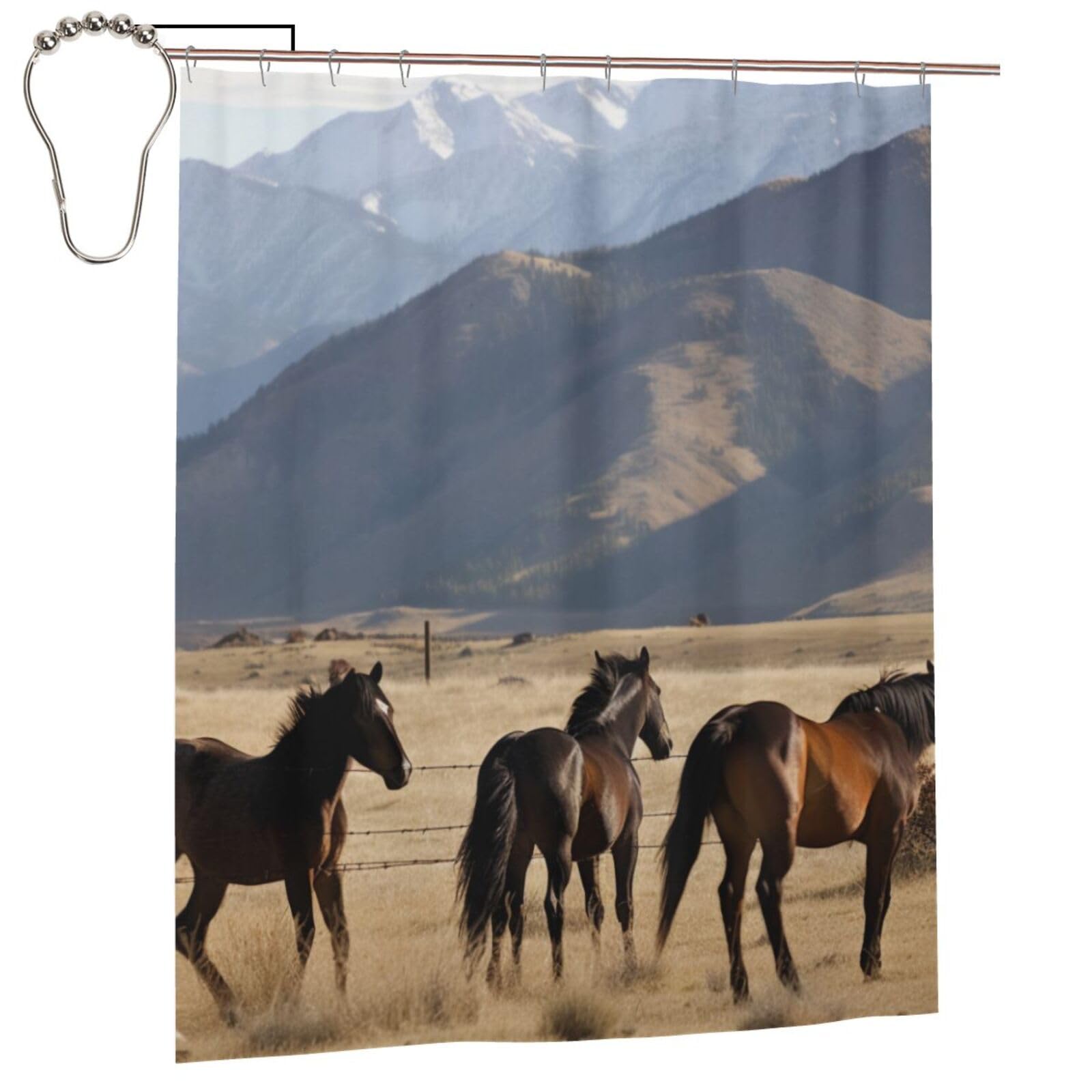 BWWHCCTI Mountain Farm Horses Printed Shower Curtain With 12 Iron Hooks Opaque Quick Drying Waterproof Shower Curtains Sets For Bathroom 152x183 Cm