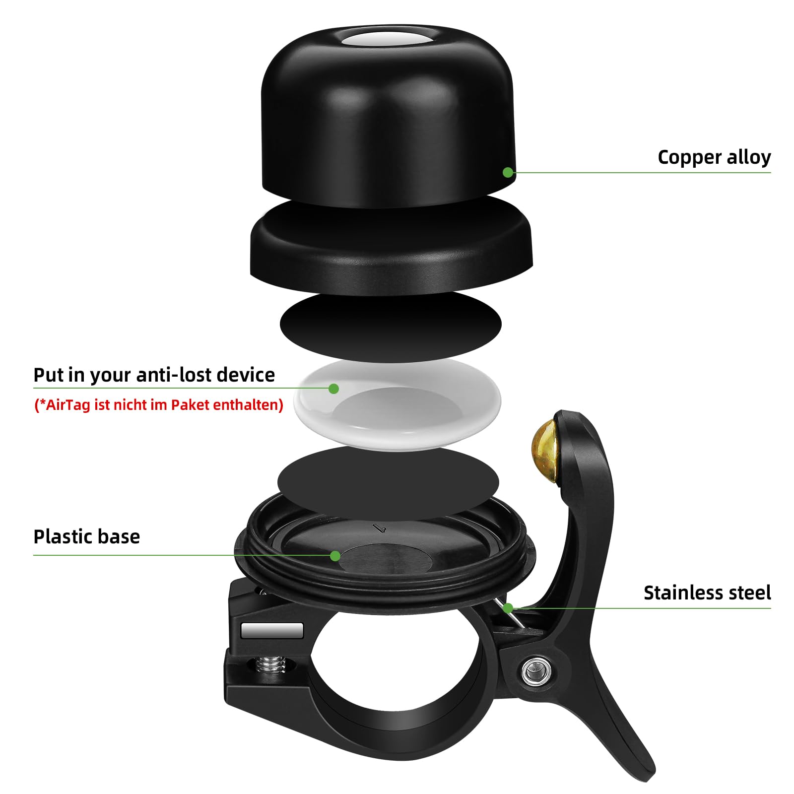 Sonnette De Vélo RAVEMEN Q2 Compatible AirTag - 110dB - Support Guidon 22,2-31,8mm - Antivol Intégré