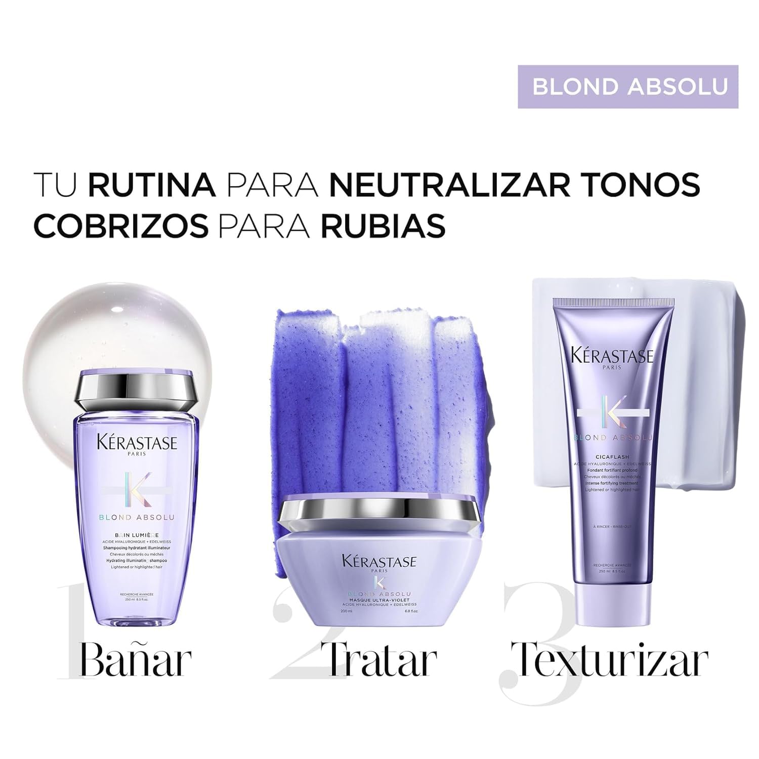 Kérastase Blond Absolu, Rutina para todo tipo de cabello rubio, Champú hidratante, Acondicionador restaurador y Mascarilla ultravioleta, Para cabello rubio o con mechas