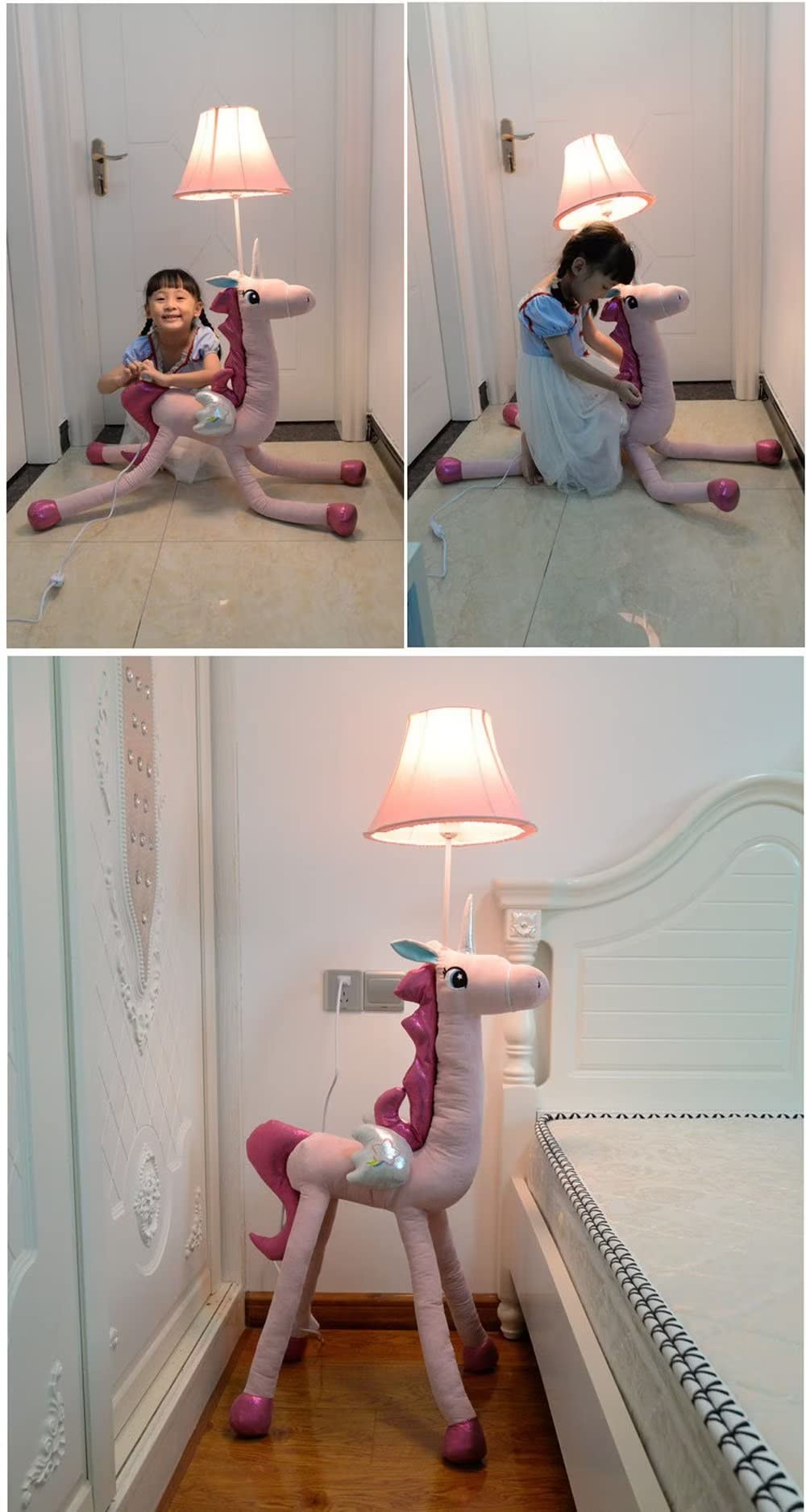 Lampadaire licornes dessinées, lampe sur pied modèle animal mignon avec abat-jour en toile, lampe de chevet pour chambre d'enfant, éclairage décoratif, support de lampe E27, bouton poussoir