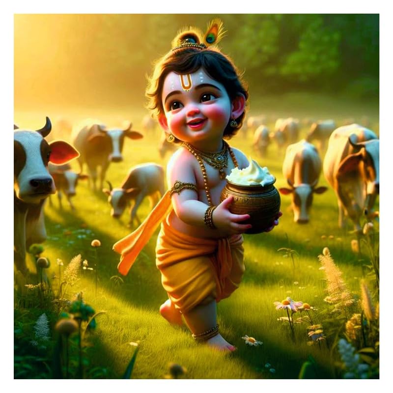 Image of British Terminal Cute little Bal Gopal Baby God Krishna| Kanha Ji | Laddu Lord Makhan Chor Painting Religious Poster for Pregnant Women for wall (matt thin vinyl,sticker,multicolor,unframed)| bj64