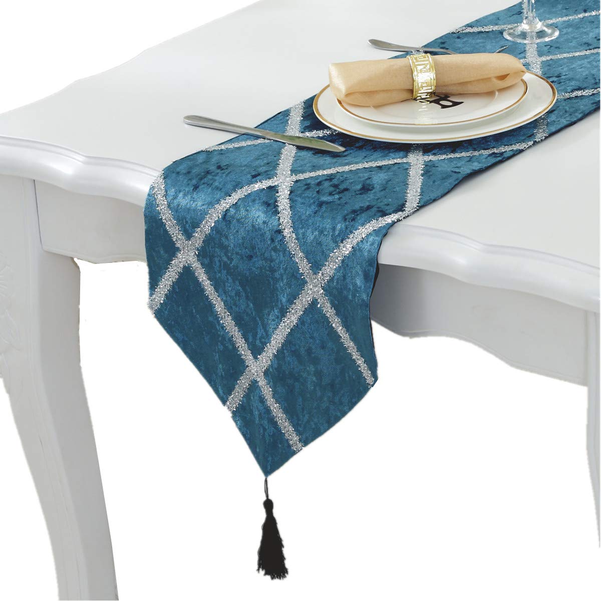 Chemin de table bleu 28x178 cm avec pompons pour décoration de mariage