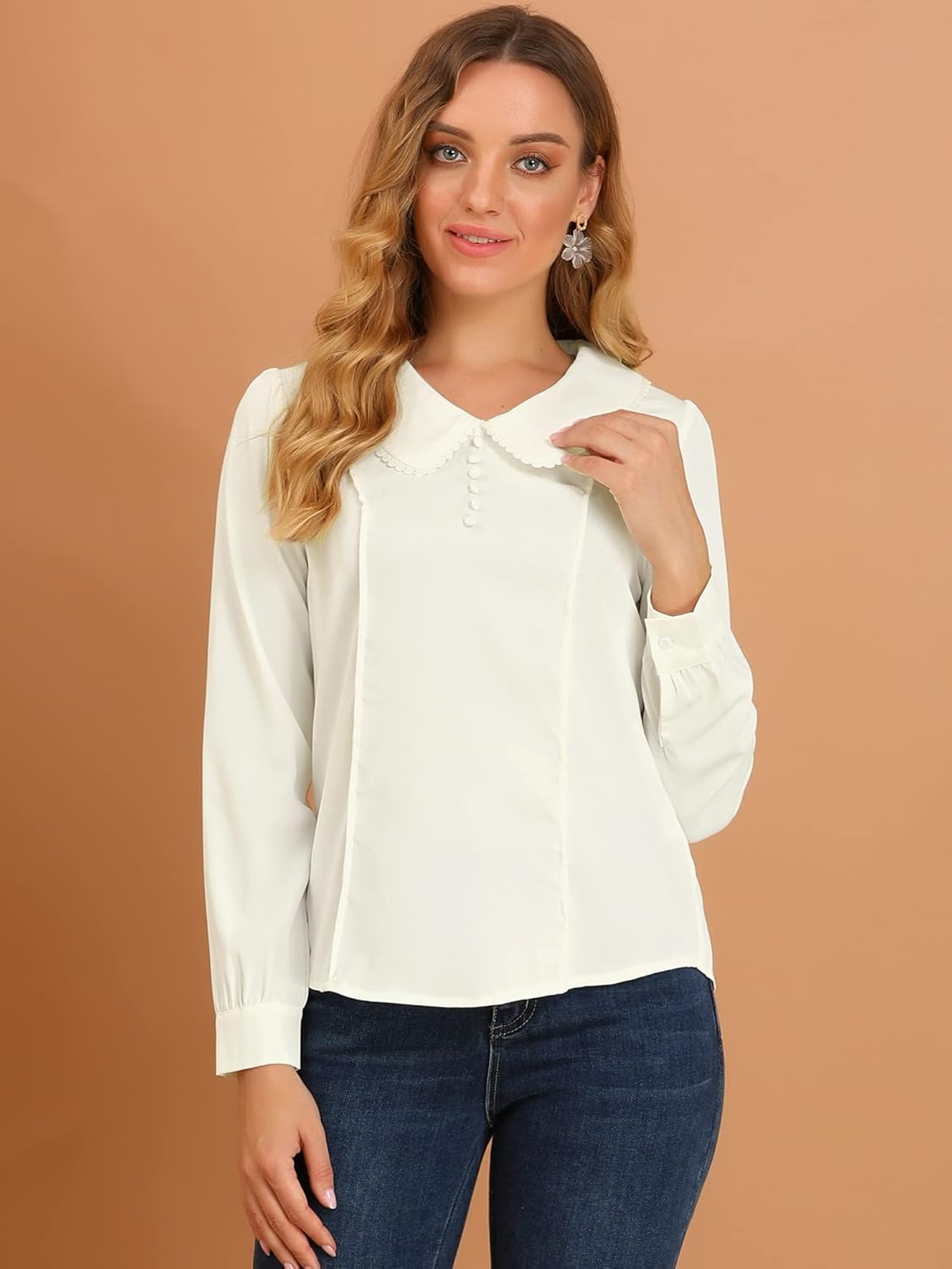 Allegra K Women's Vintage Peter Pan Collar Shirt Cute Lacy Trim Long Sleeve Blouse - Image 3