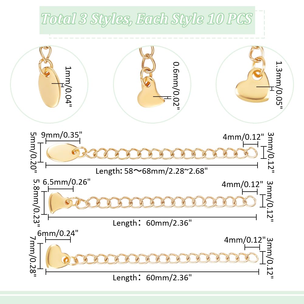 UNICRAFTALE About 30 Pcs 3 Styles Curb Chain Extension Stainless Steel Chain Extension 58~68mm End Chains with Heart Oval Charms Golden Chains Bracelet Necklace Extension Chains for Summer Gifts - Image 3
