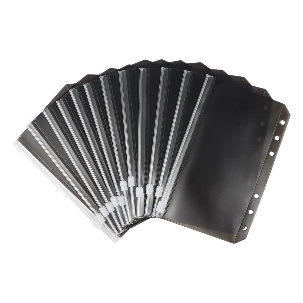 A6 Binder Pockets Black Zipper Pouches Translucent PVC Cash Budget Envelopes 12pcs 6 Hole Document Folders for A6 Binder, Cash Organizer Folder (A6)