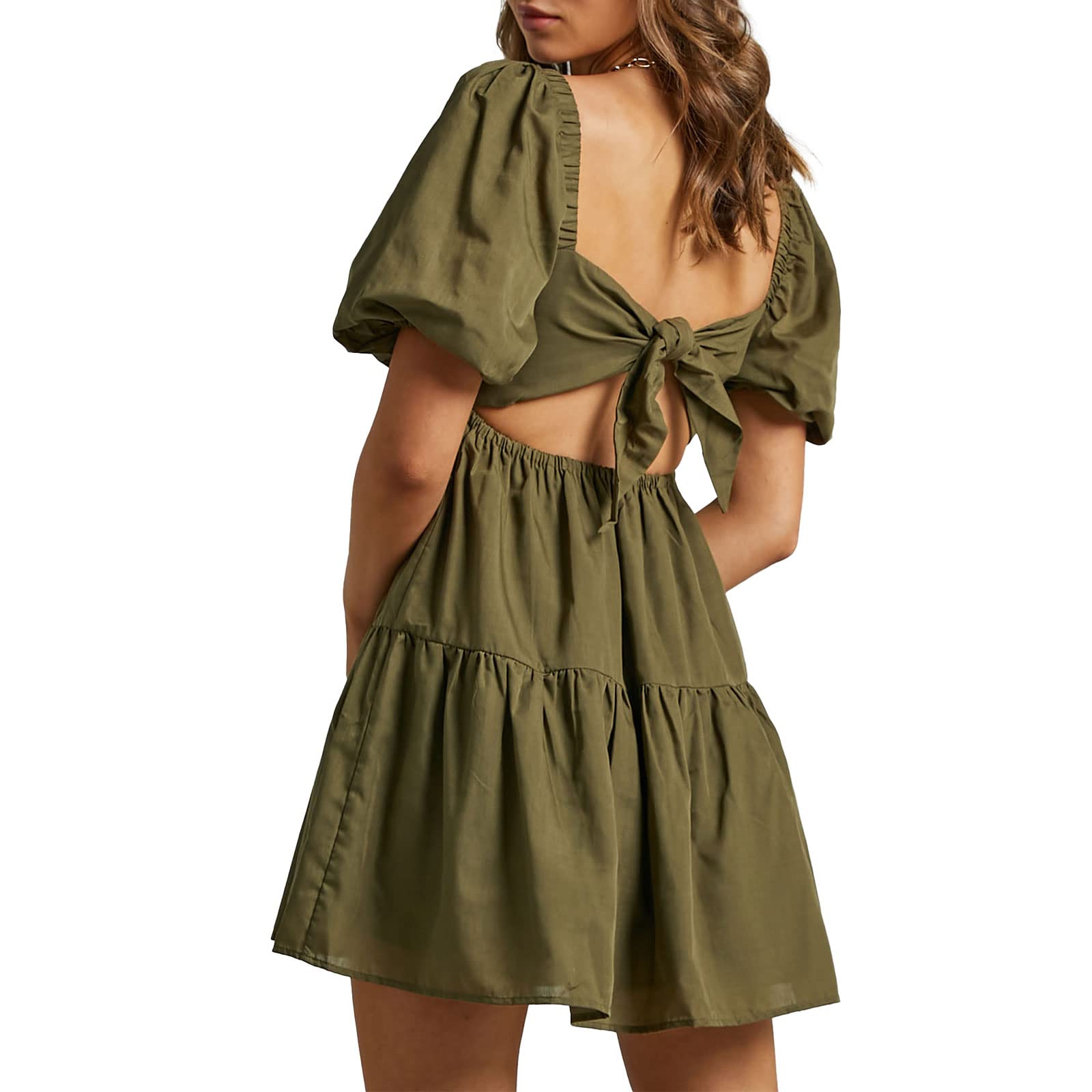 Women's Summer Dress Square Neck Puffy Short Sleeve Loose Tie Back Casual A-Line Mini Dresses