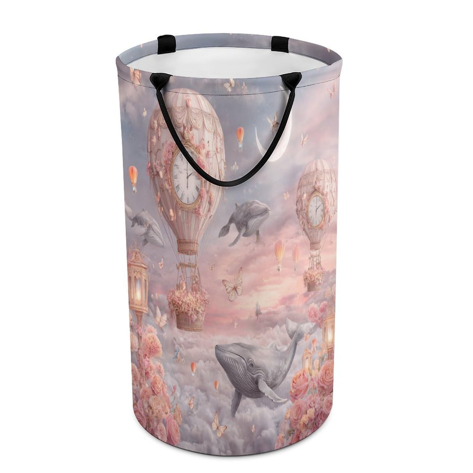 LUYYSKY Cute Romantic Hot Air Balloon Versatile Storage Laundry Basket, Vintage Abstract Starry Sky Animal Whale Butterflies Pink Roses Large Bathroom Laundry Hamper With Handle-40 CM Dia, 69 CM High
