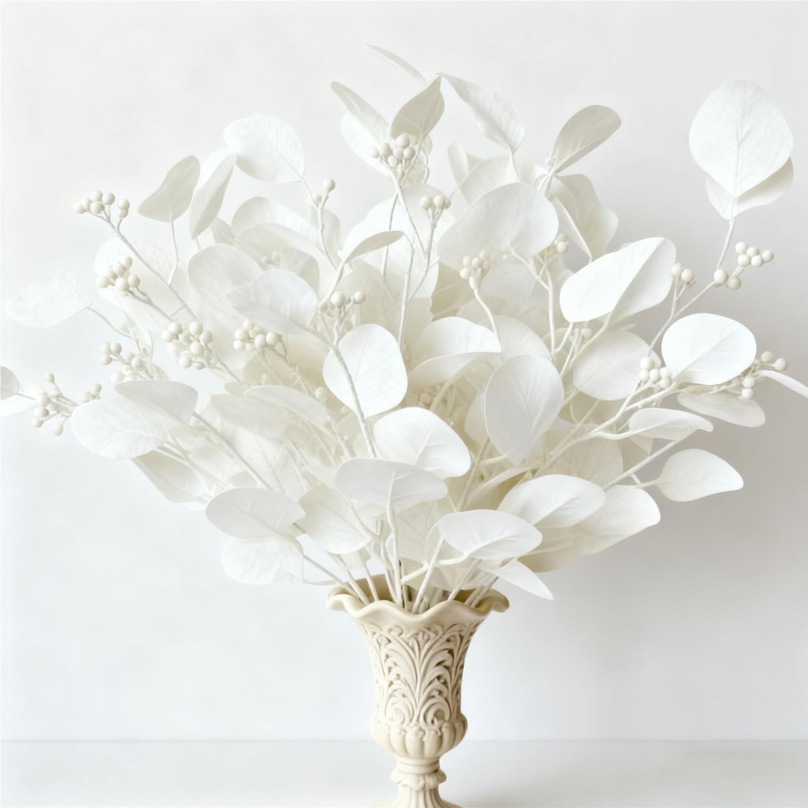 Eucalyptus Stems Leaves Artificial Flowers Long Silver Dollar Leaves Faux Bouquets Branches Decoration for Home Flower Arrangement Wedding Table Festival Farmhouse Party Halloween Deco (White)