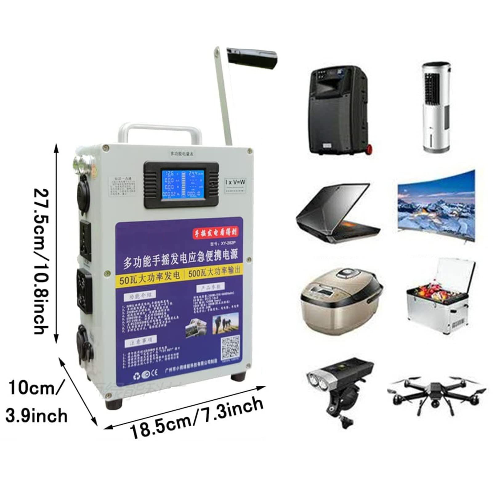 Generatore Portatile in Acciaio da 500W con Manovella for 200 Wh, AC/220V, Doppia Interfaccia USB for Campeggio, Viaggi E Centralina Elettrica Interna