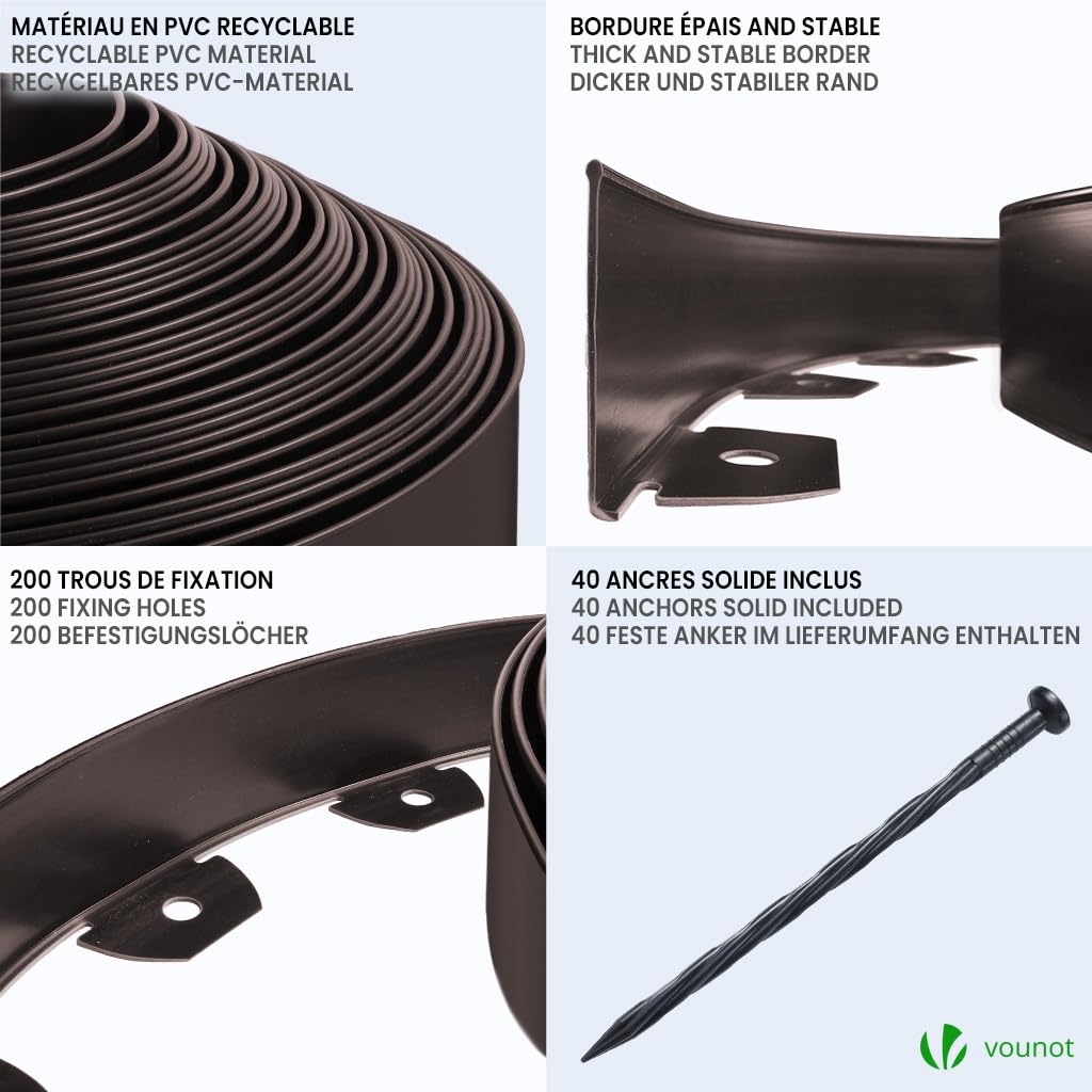 VOUNOT® Bordo Giardino Flessibile, Bordi Aiuole Plastica, con 40 Chiodi di Fissaggio, Lunghezza 20m, Altezza 5cm, Marrone