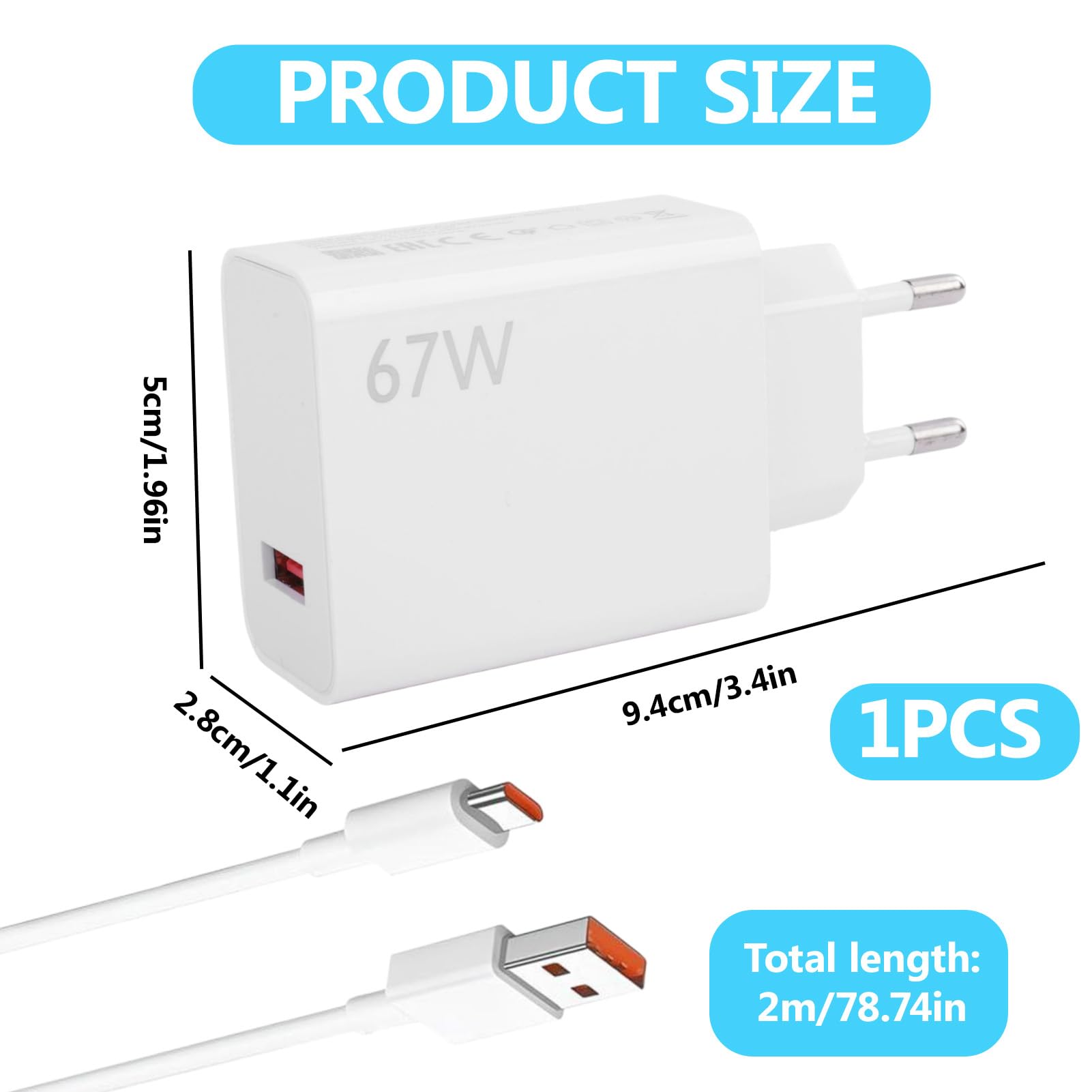 Ładowarka 67 W, USB C, szybka ładowarka z kablem typu C 2 m, 67 W, ładowarka do Xiao-mi Red-mi Note 15, 14, 13, 12 Pro 5G, Mi 13, Mi 12, Mi 11, Poco X5, X6 Pro, Poco F7 Ultra