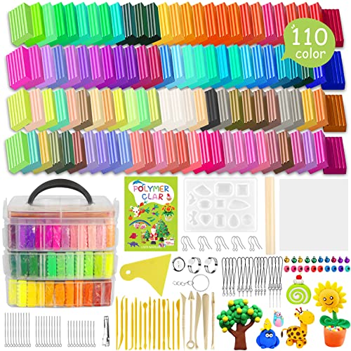 Polymer Clay 110 Colors Polymer Clay Starter Kit 215Pcs Oven Bake Modeling Clay for Kids Baking Clay Non-Toxic Oven Bake Clay with Sculpting Tools Modeling Clay for Adults Beginner Jewelry Making