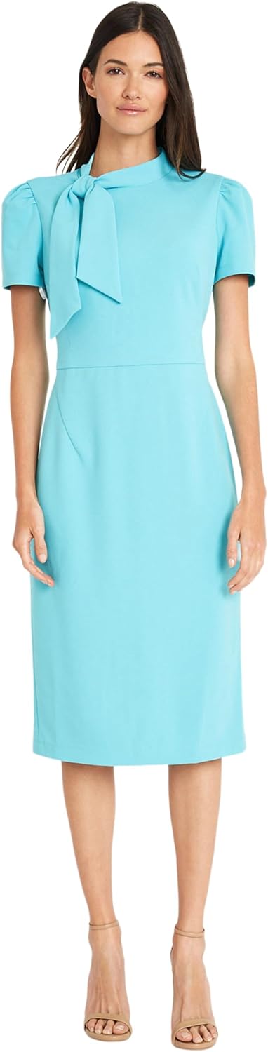Maggy London Womens Midi Short Sleeve Sheath with Neck Tie Career Office Work WearCocktail Dress
