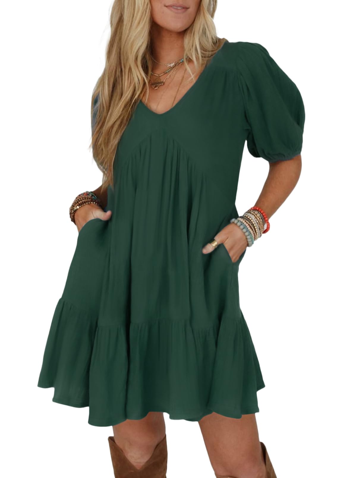 Photo 1 of Acelitt Women's Summer Dresses 2026 Beach Casual Deep V Neck Loose Sundress Short Sleeve Mini Dress with Pockets Green Large