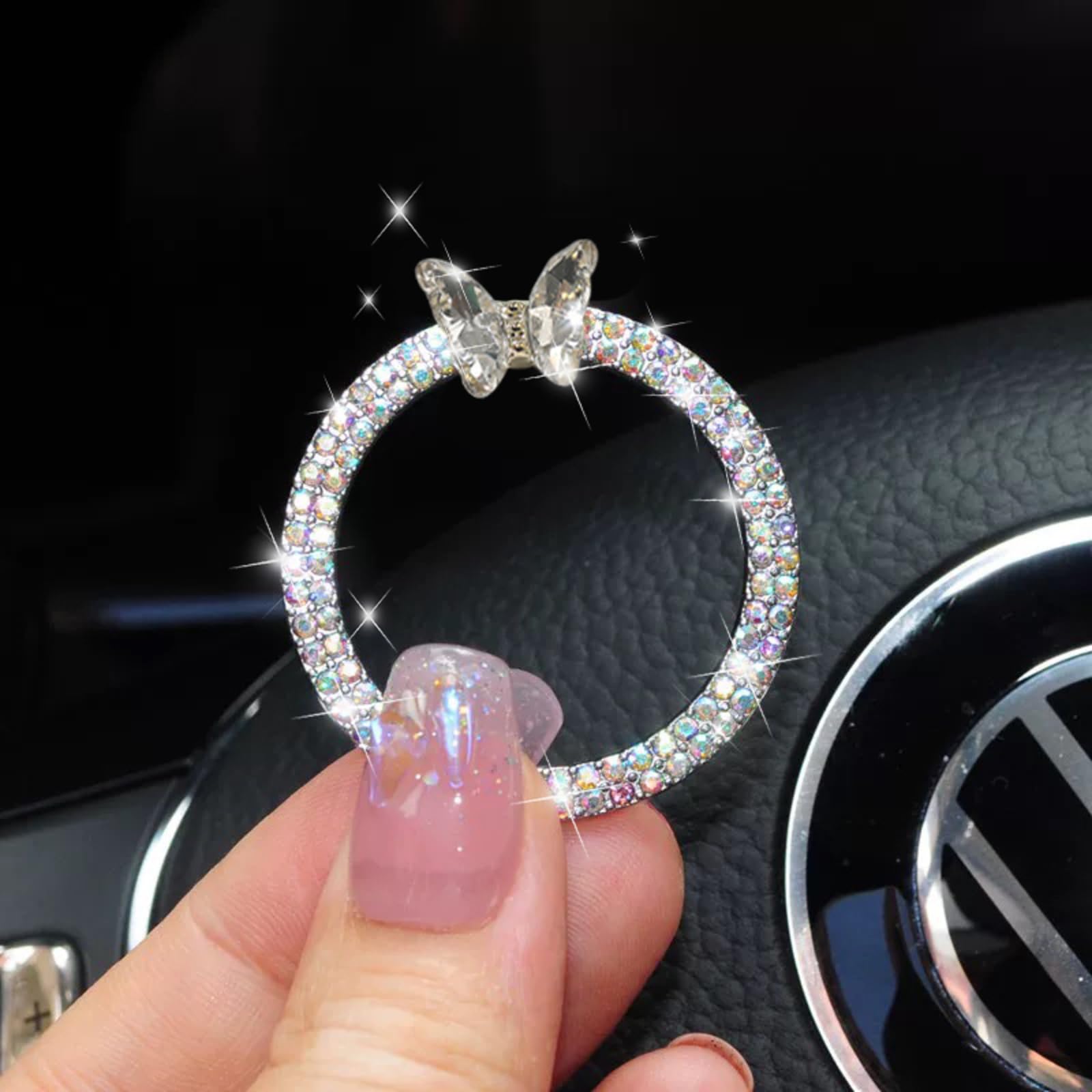 Transparent Butterfly Bling Ring Emblem Car Accessories - Car Push Start Button Cover/Sticker, Key Ignition Knob Bling Ring, Sparkling Car Interior Accessories for Women (Colorful)