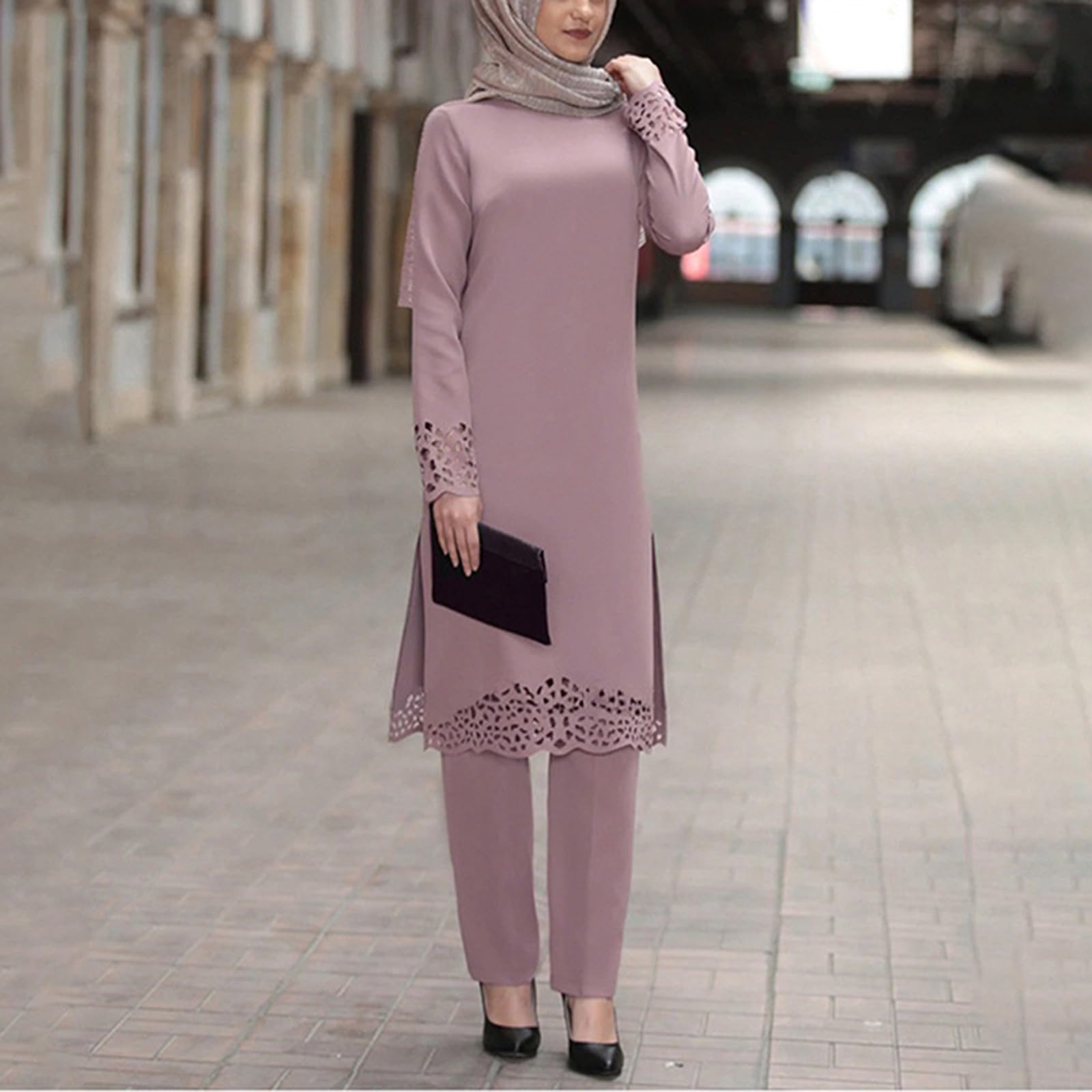 Générique Lot de 2 tuniques + pantalon long - Tenue de prière musulmane - Robe de prière musulmane - Pour femme - Manches longues - Ramadan Aïd Mubarak - Caftan