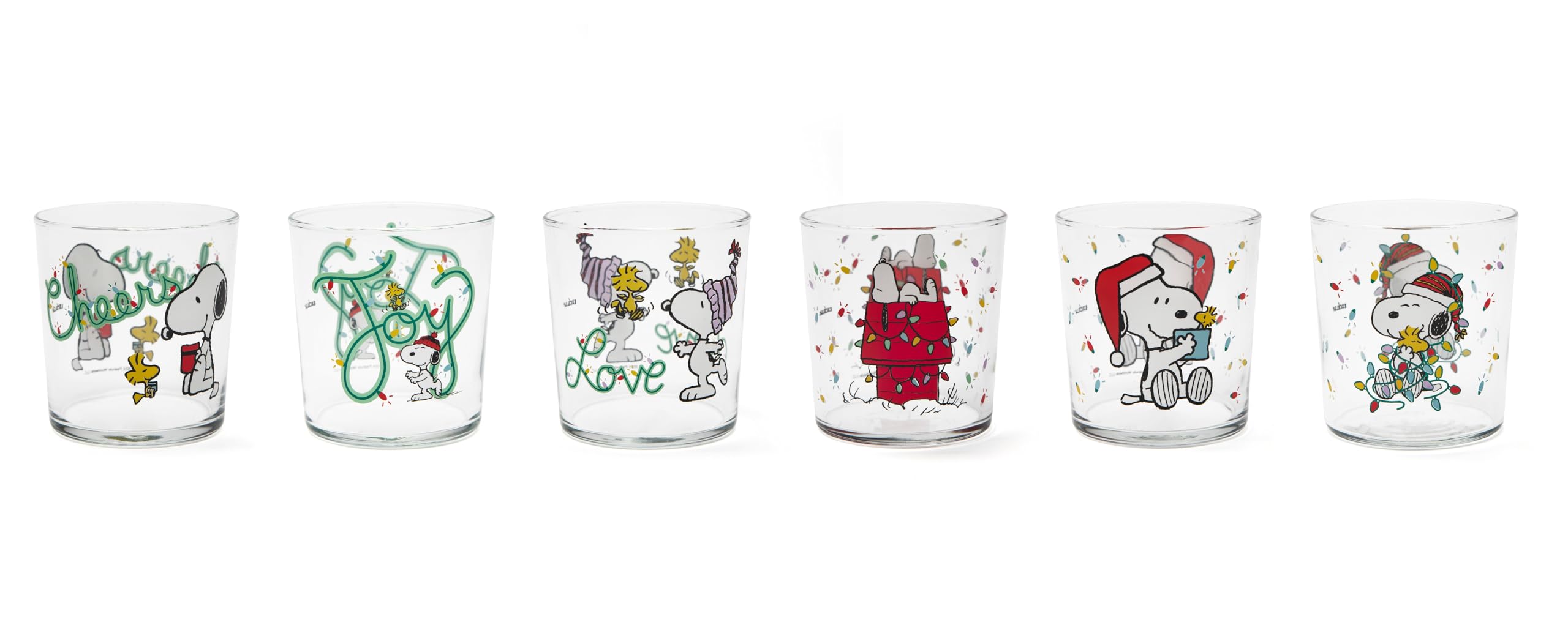 Excelsa Peanuts Shiny & Bright Set 6 Bicchieri in Vetro Natalizi, Decorati con Snoopy e Woodstock, 350ml, 8,5x8,8 cm, Lavabili in Lavastoviglie