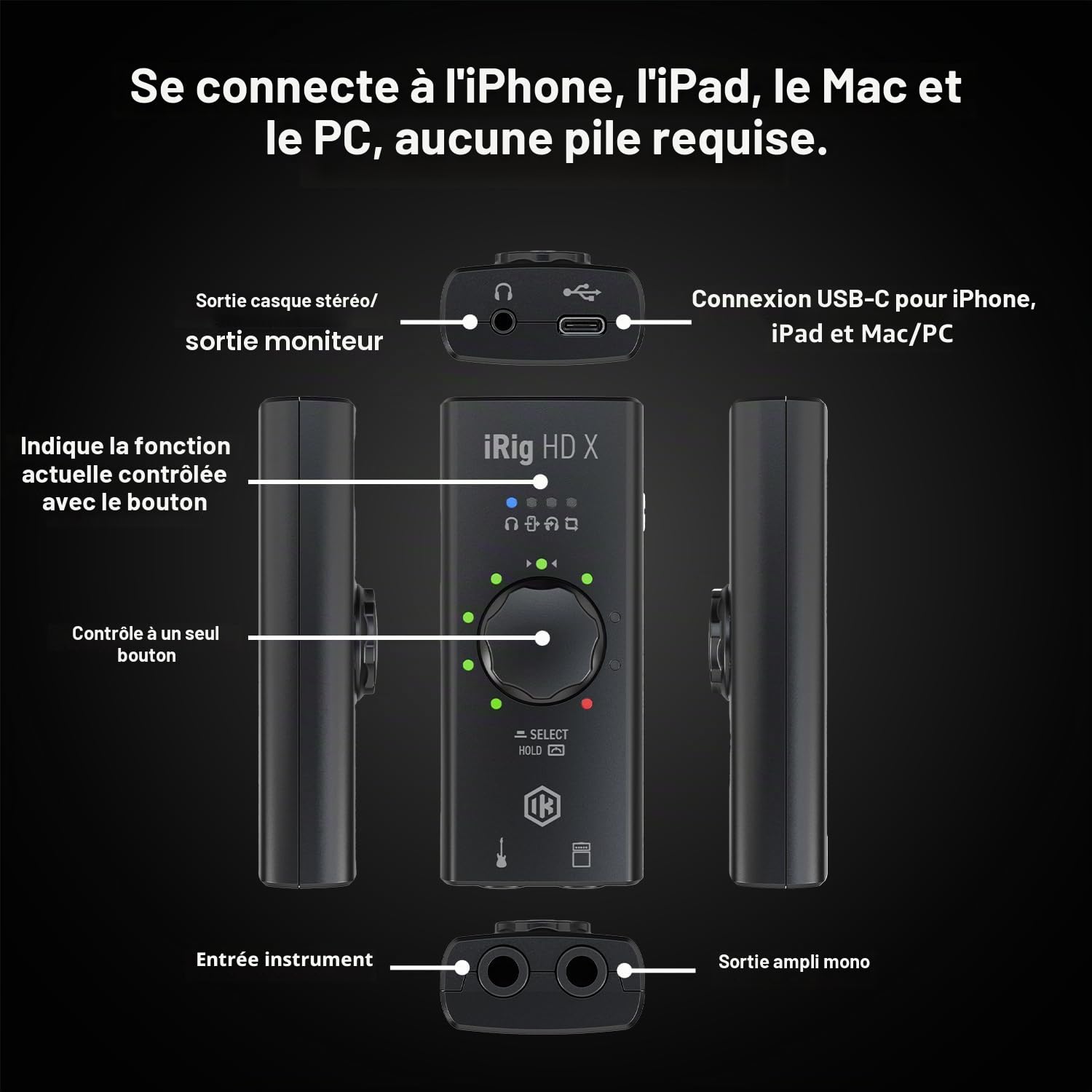 Interface audio de guitare iRig HD X pour iPhone, iPad, Mac, iOS et PC avec câbles USB-C, Lightning et USB et enregistrement de musique 24 bits 96 kHz