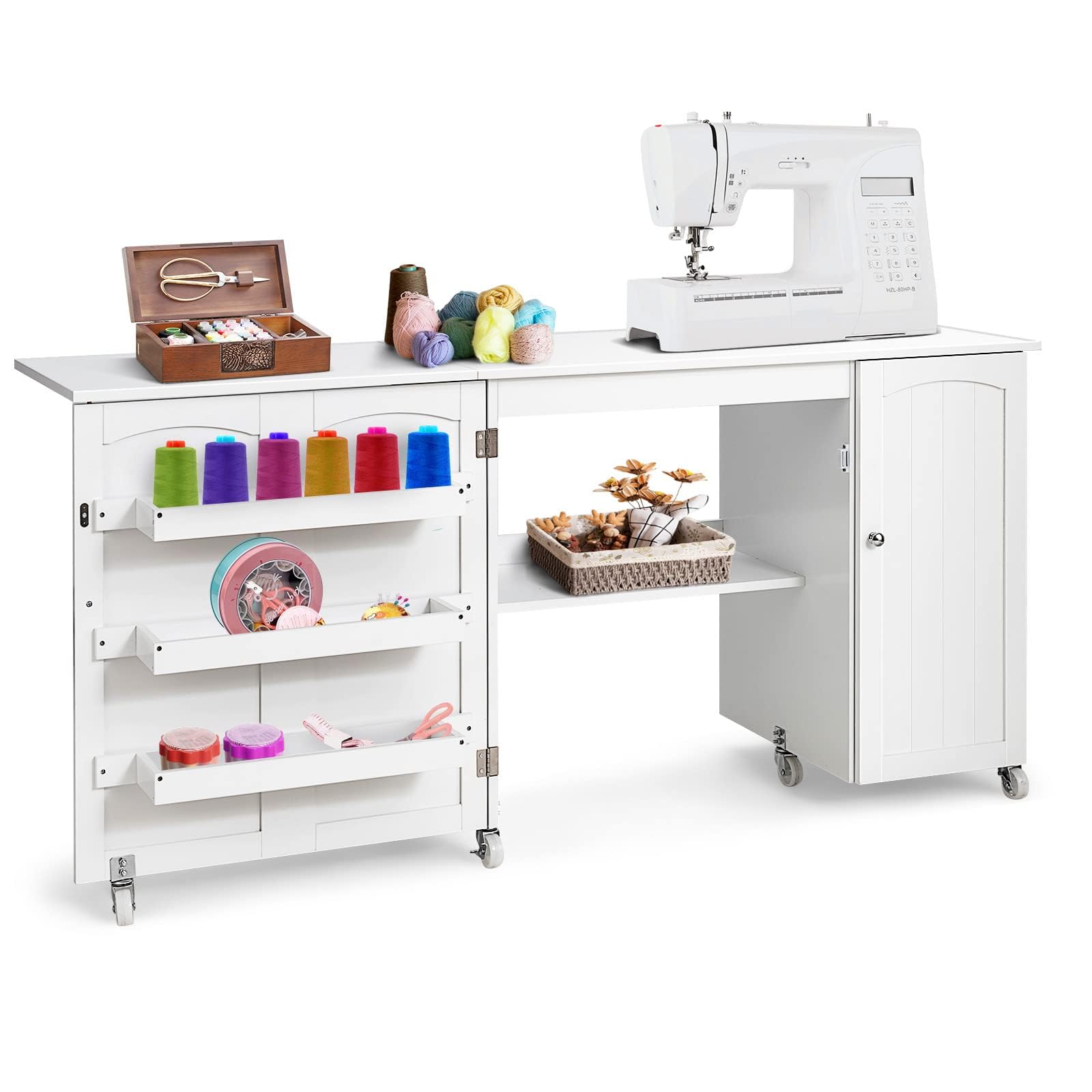 COSTWAY 2 in 1 Nähtisch Nähschrank klappbar, Nähmaschinentisch mit Arbeitsplatte, Ablagen & Türschrank, Mobiler Schreibtisch mit abschließbaren Rollen, Basteltisch Nähmöbel, 158x50x75cm (Weiß)
