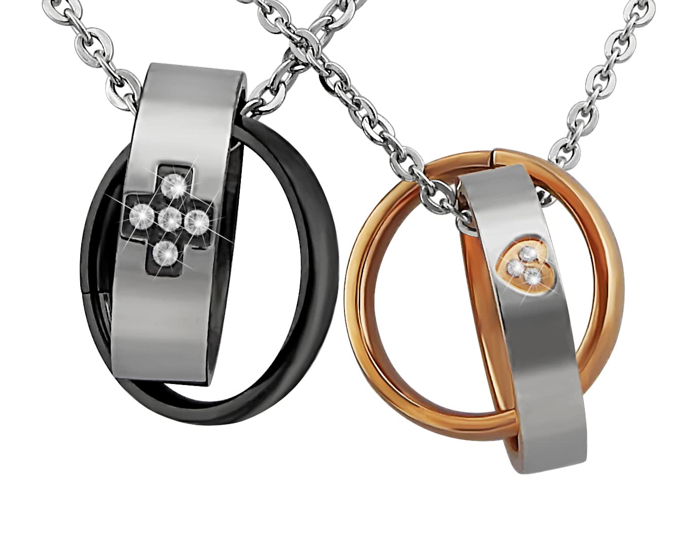 2 Stück Personalisierte Kette mit Gravur Edelstahl 50 cm mit Anhänger mit Ring mit Strass-Stein in schwarz gold - Personalisierte Geschenke Damen Herren Freundin Freund - Partner Halskette