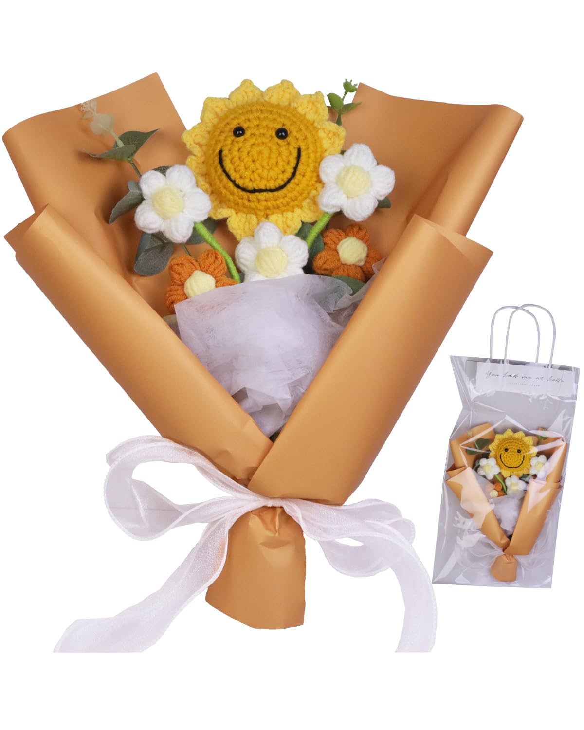 Handmade Crochet Flower Bouquet, Preserved Flowers Gift for Women with Sunflower & 5 Pcs Puff, Comes with Sophisticated Gifts Box & Bag, Perfect for Anniversary Orange