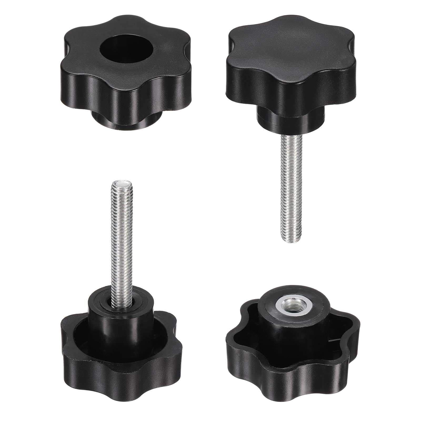 sourcing map 2 Set Star Knobs M8 x 50mm Male + M8 Female Thread 48mm Head Metric 6-Star Threaded Stud Clamping Handles Screw in Through Hole Hand Jig Knob Thumb Screws, Black