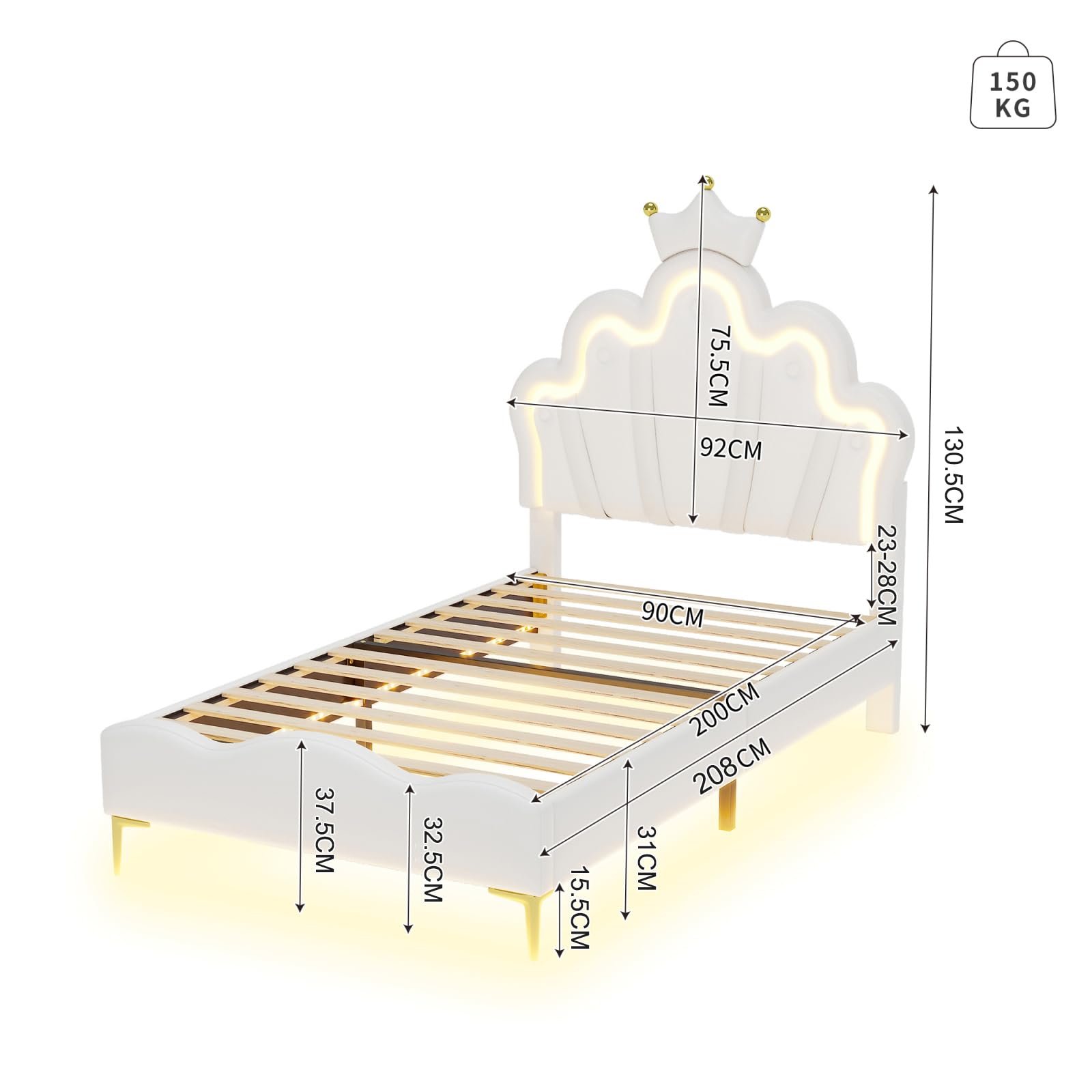90 x 200 cm cama doble plana de princesa en forma de corona, suave acolchado de piel sintética (blanco+poliuretano (1) + poliuretano, 90 x 200 cm