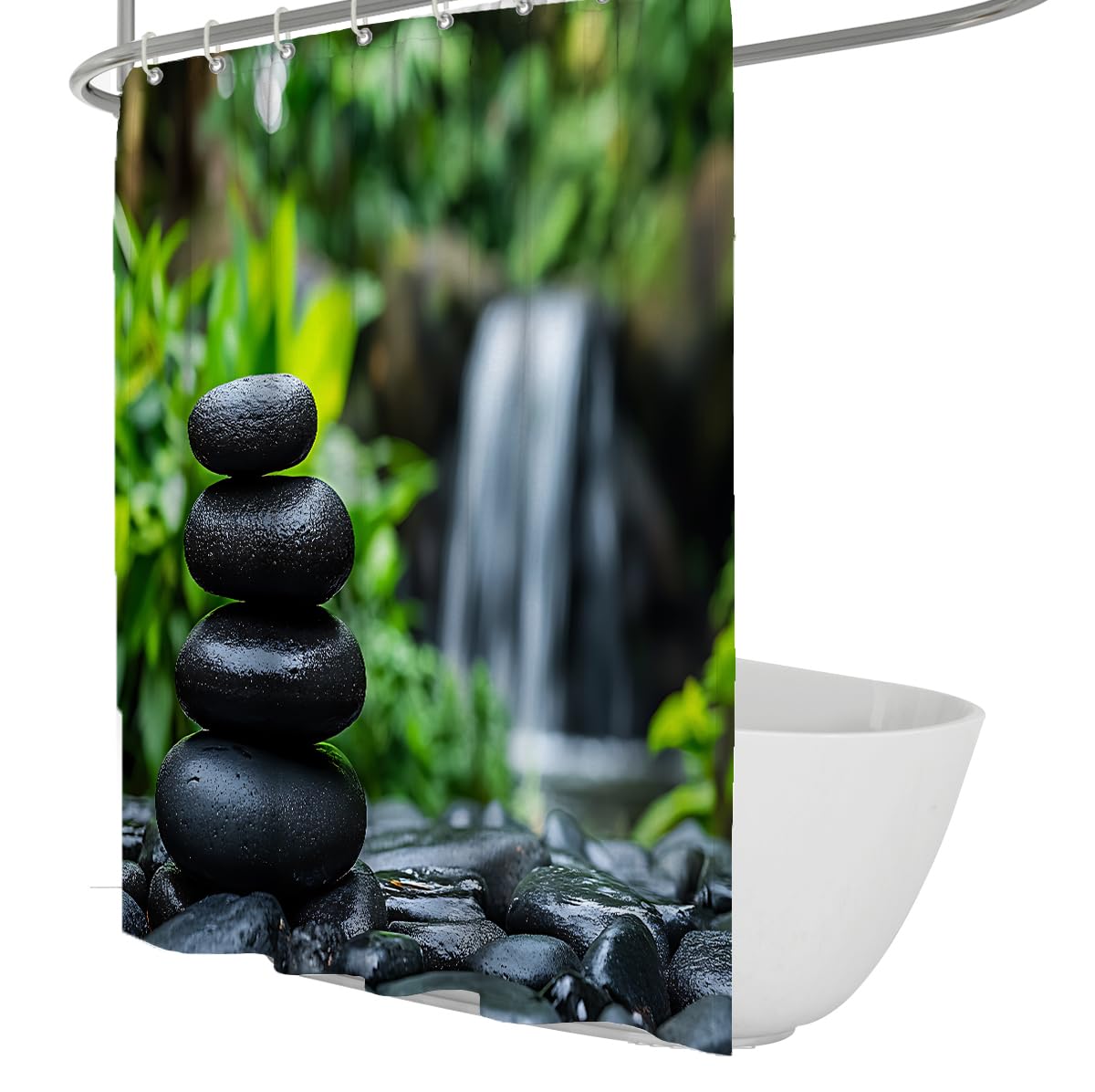 Serene Forest Garden Badevorhang Balanced Stones and Cascading Stream Duschvorhang Moderner minimalistischer Badezimmer-Easy Care Stoff 180 x 180 cm