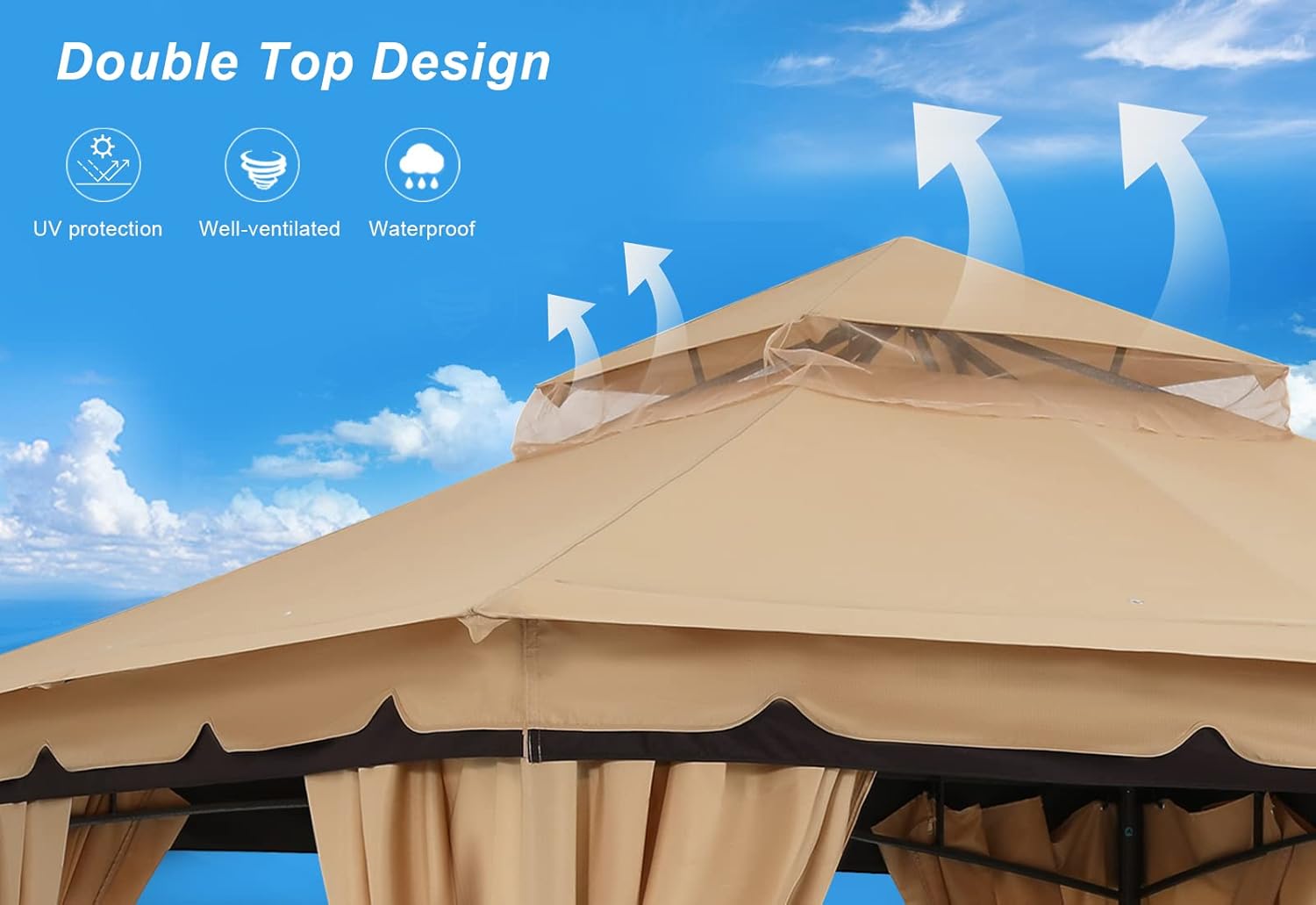 ABCCANOPY 10'x10' Outdoor Gazebo, Double Roof Patio Gazebo with Shade Curtains, Beige
