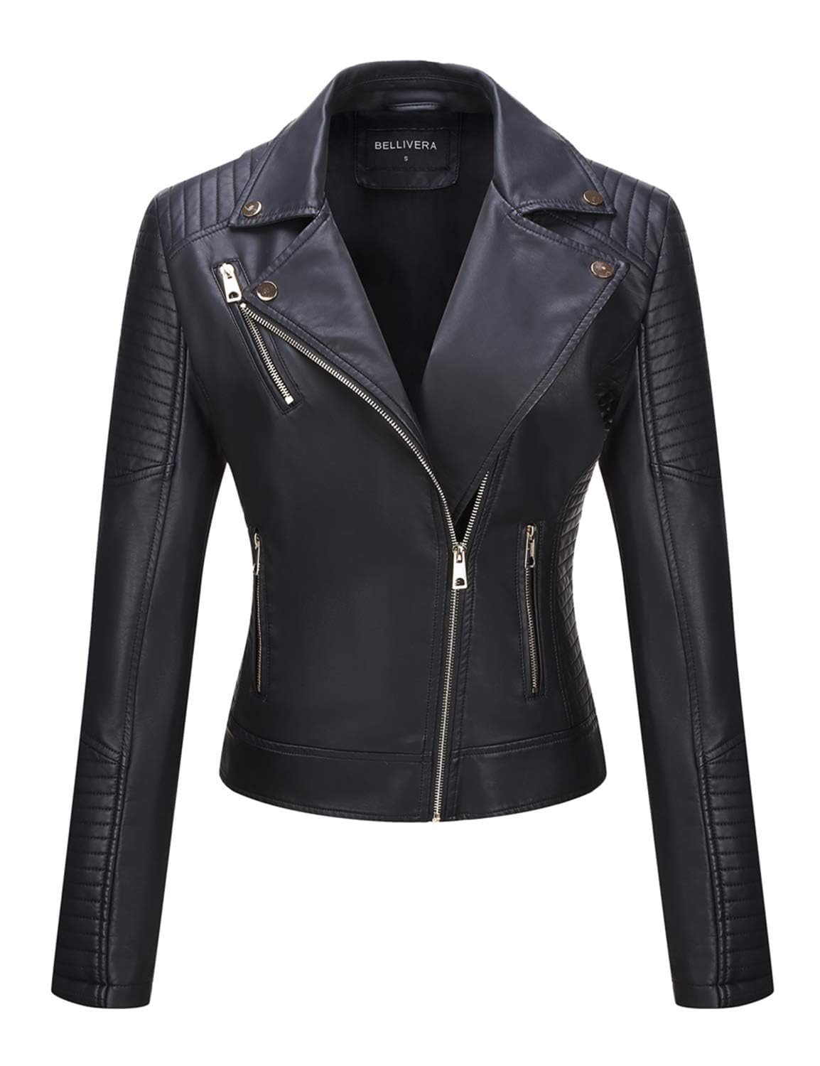 BELLIVERA Femmes PU Veste en cuir avec Poche Zippée Printemps Automne Outdoor Court Moto Manteau 53 Noir M