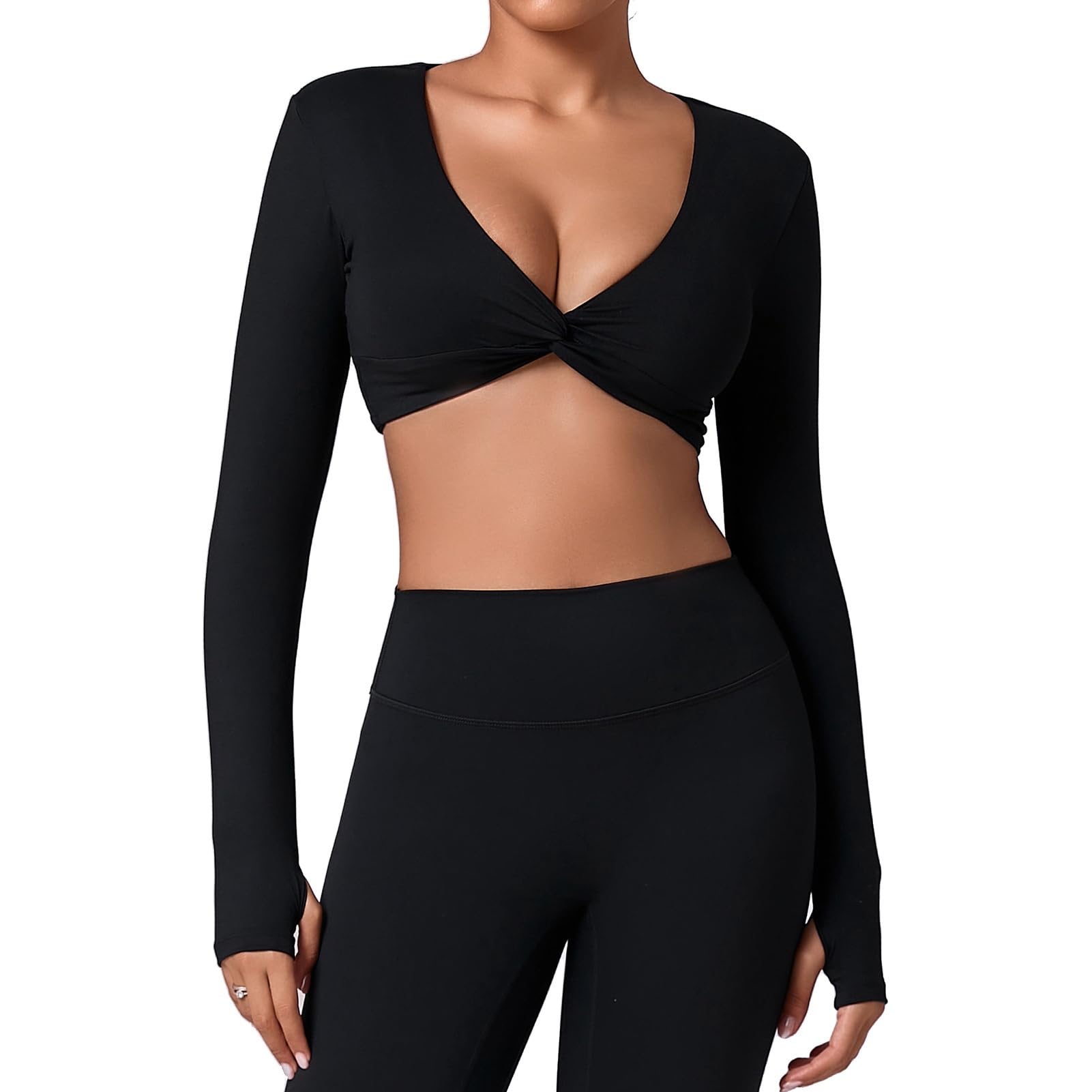 Camiseta de entrenamiento de manga larga para mujer, cuello en V profundo, recortada, para yoga, pilates, gimnasio