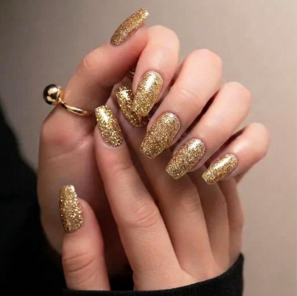 Glossy Solid Golden Glitter Artificial Nails, Shiny Finish, Press-On Style-image-15