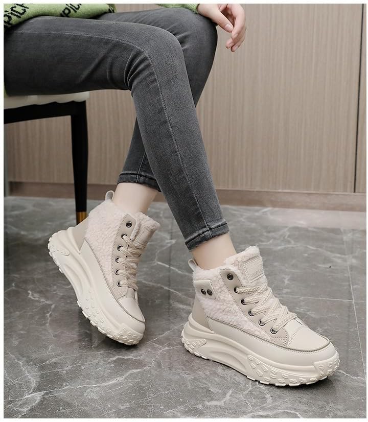 Women's Casual High Top Shoes, Winter Plush Lined Warm, Thick Soled Lace-up Sports Lightweight Hiking Shoes