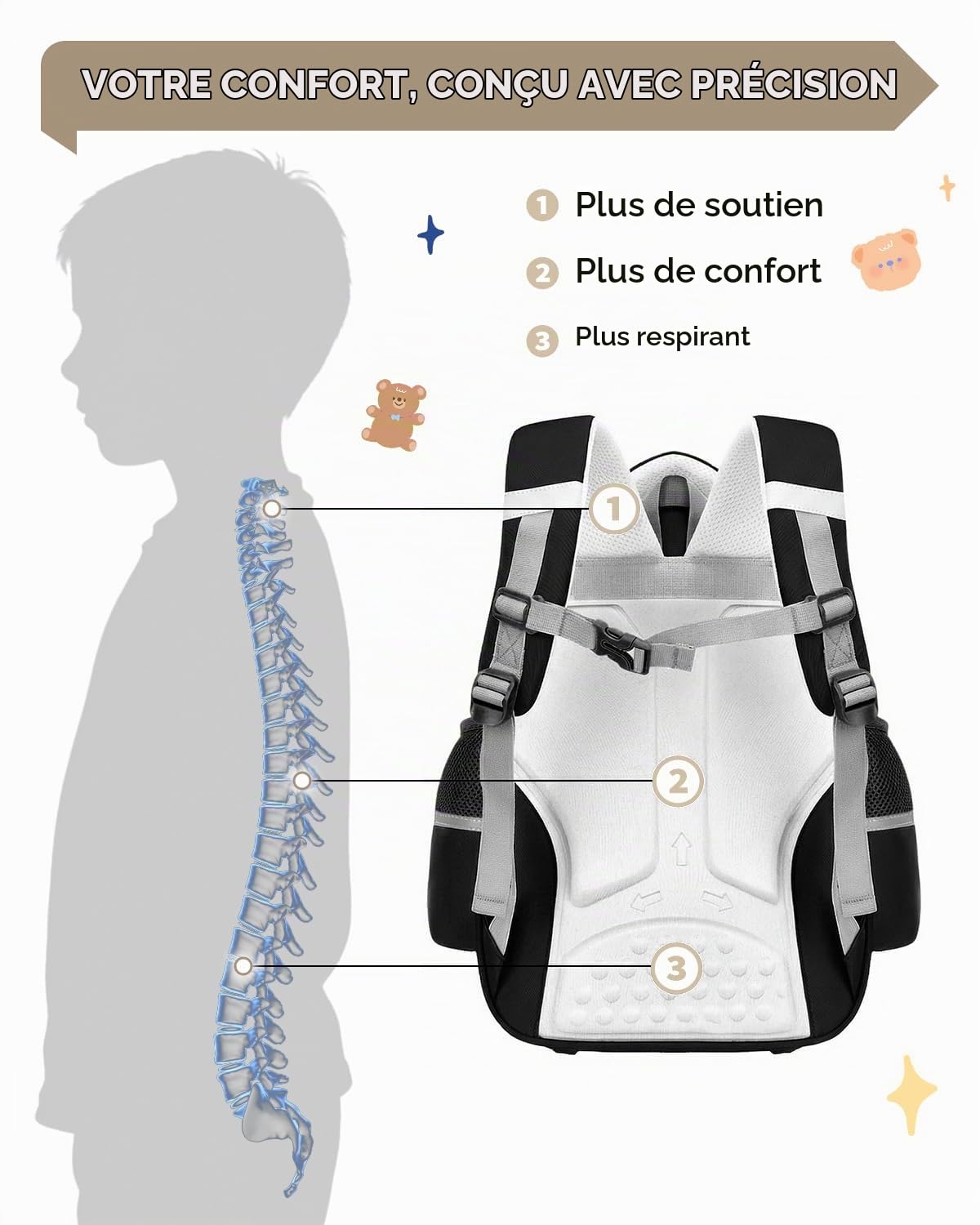 Amythe Cartable Garçon CP-CM1 6-10 Ans, Sac à Dos Primaire Enfant Léger (600g) Ergonomique avec Bandes Réfléchissantes, Imperméable pour l'École, les Voyages et le Quotidien -Noir