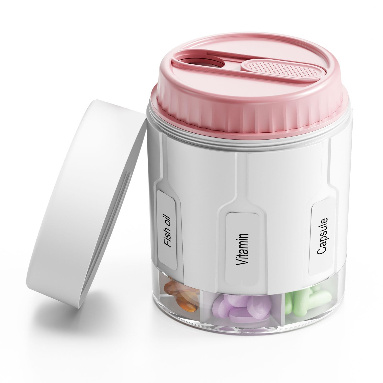 Daviky Pill Bottle Organizer, Supplement Organizer with 7 Large Compartments, Travel Pill Dispenser Round Pill Box with Two Lids（Pink