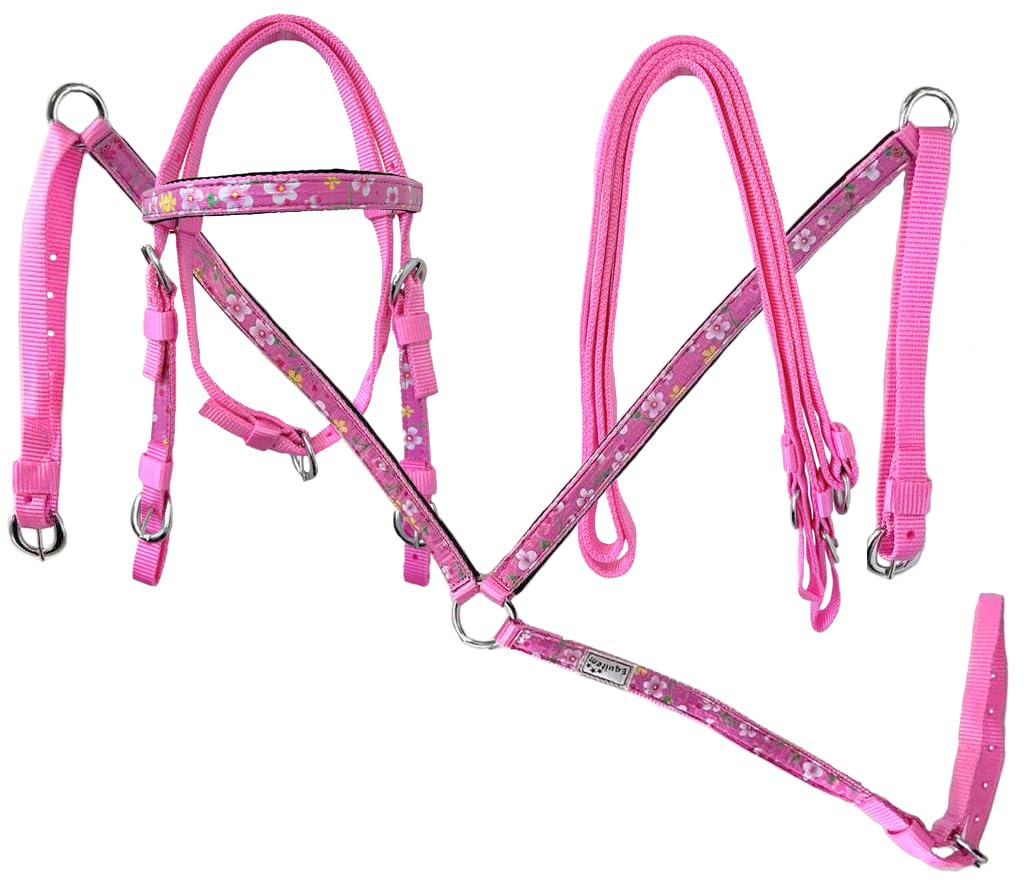 Equitem Pony Size Nylon Headstall and Breast Collar Set with Flower Tape Accent