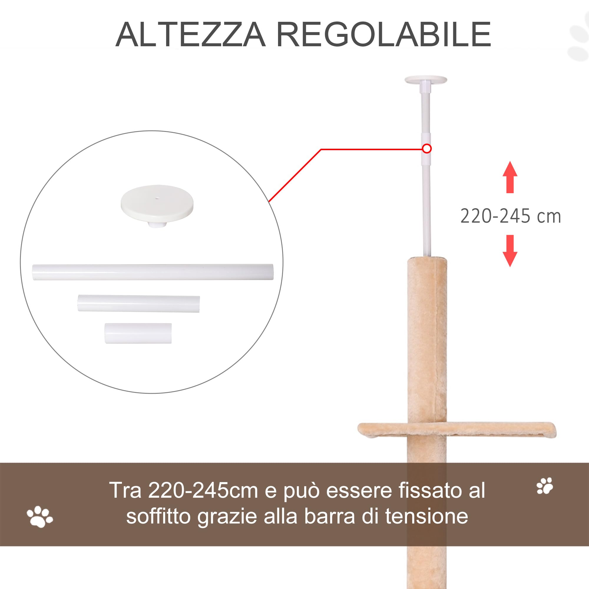 PawHut Tiragraffi a Soffitto Multilivello 220-245cm, per Gatti Giallo