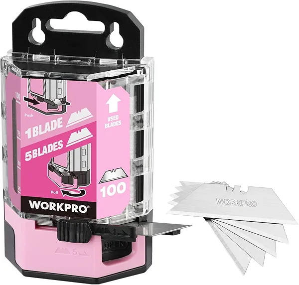 WORKPRO Utility Knife Blades, 100-Pack Utility Blades Replacement with Dispenser, SK5 Carbon Steel - Pink Ribbon