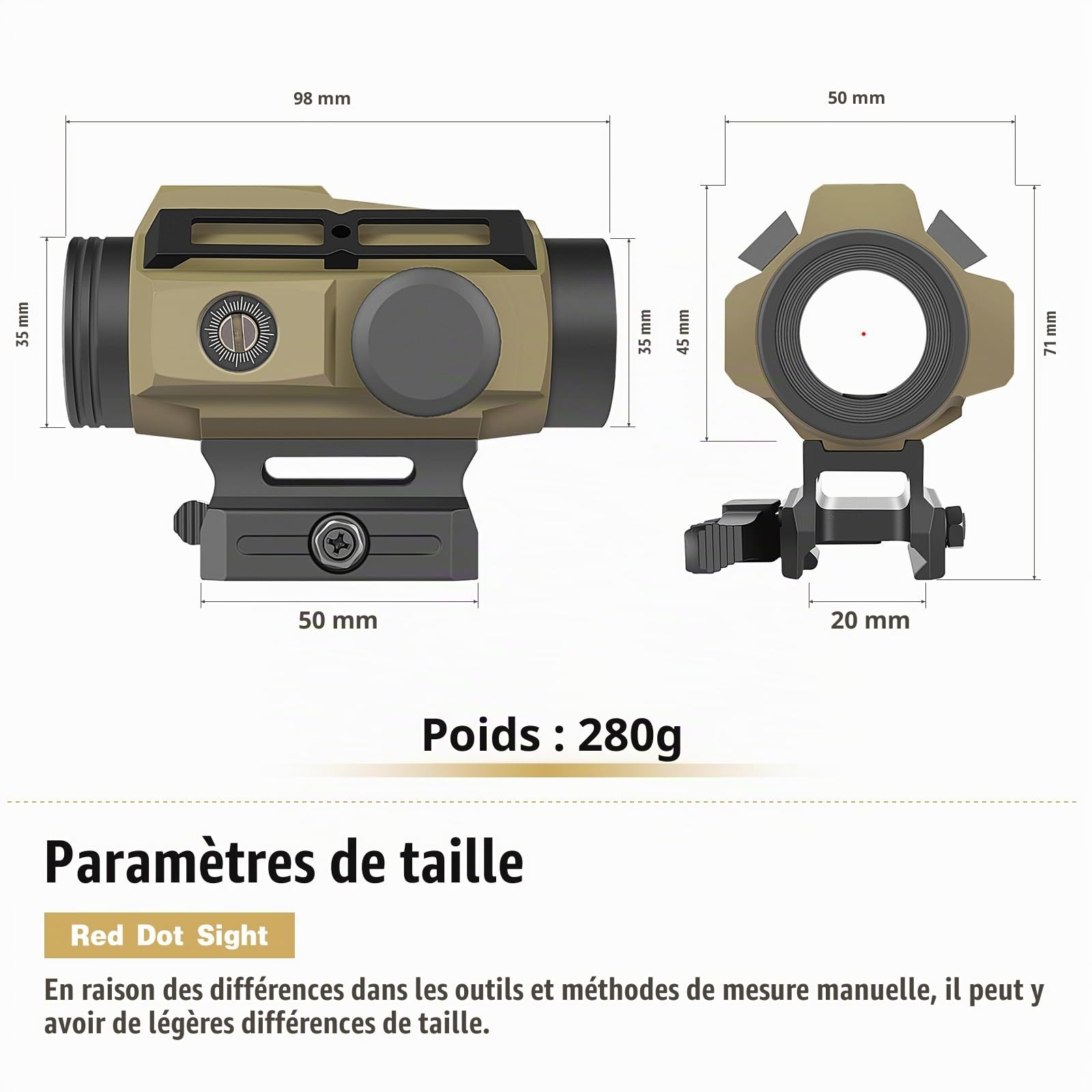 SPINA OPTICS Solar Red Dot 1x30mm Viseur Point Rouge 2 MOA Réflecteur avec Point/Croix Filet Circulaire et 7 Niveaux de Luminosité qd Mount Viseur Monté pour Airsoft（Sable）