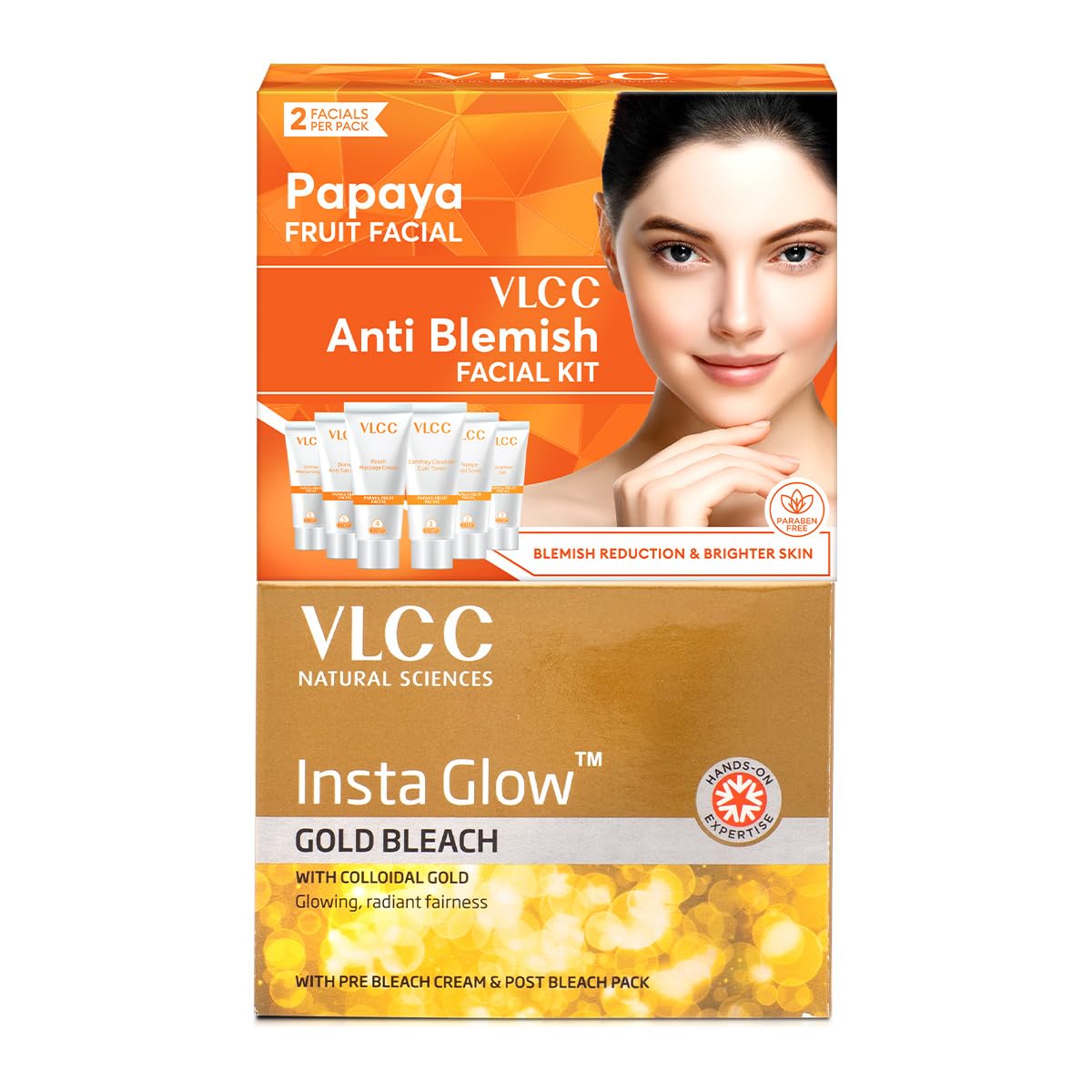 VLCC Papaya Fruit Facial Kit - 60g | Glowing, Blemish Free Skin | With Papaya, Cucumber, Peach, and Orange Peel Extracts & VLCC Insta Glow Gold Bleach - 30g | With Colloidal Glow For Glowing Fairness