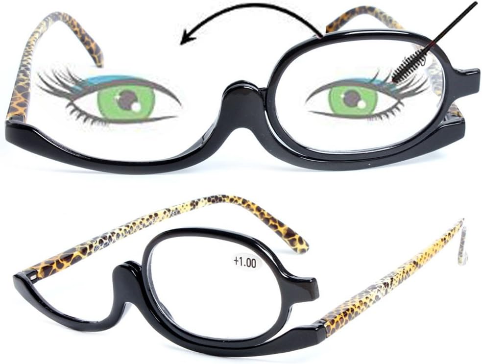 SOOLALA 2 Pack Womens Magnifying Eye Make Up Spectacles Flip Down Lens Folding Cosmetic Reading Glasses, Leopard Arm, 5.0