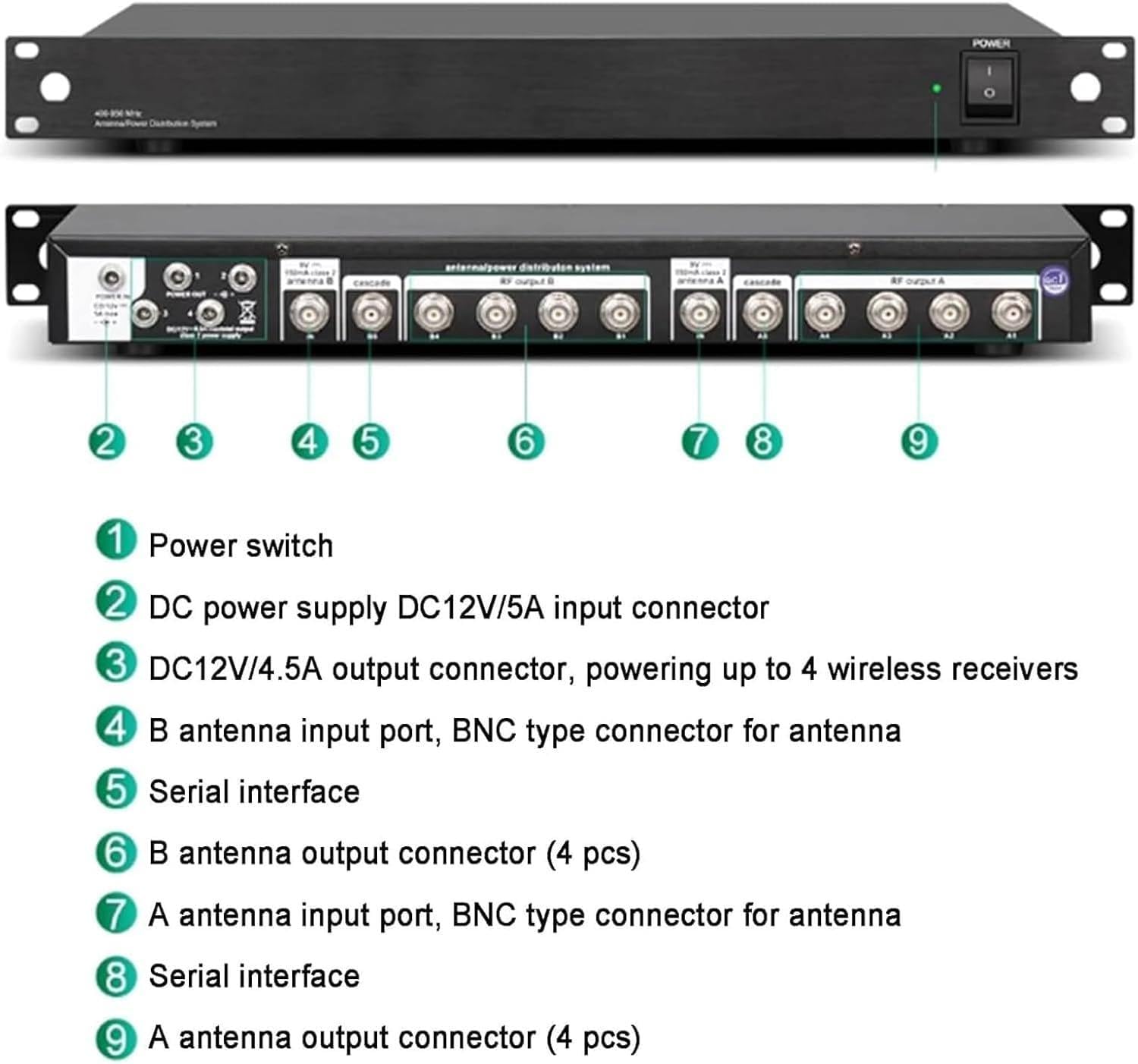 Amplificador de señal de micrófono inalámbrico, distribución de antena UHF, 8/16 puertos de entrada/salida, rango de frecuencia de 400 a 950 MHz, con 2 paletas de antena direccional activa. 8Input
