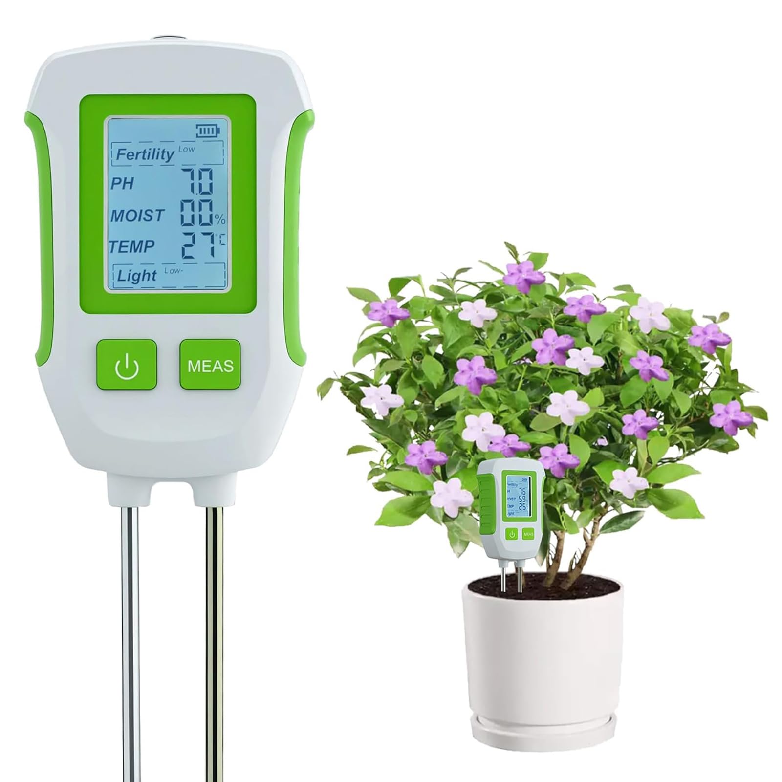 Générique Appareil de Mesure du Sol, Testeur de Sol Multifonctionnel 5-in-1 Double Sonde + Écran LCD Rétroéclairé + Arrêt Automatique, Testeur de PH/Fertilité/Luminosité/Température/Humidité
