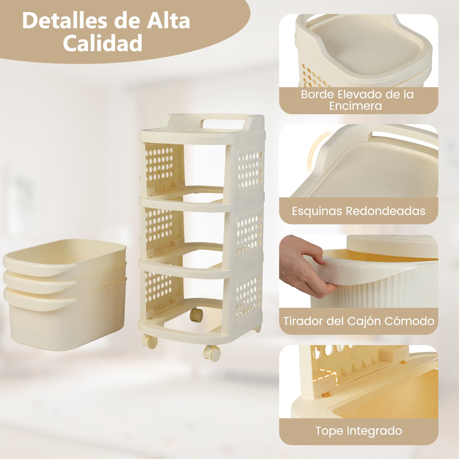 GOPLUS Carrito de Almacenamiento de 3/4 Cajones, Cajonera de Plástico con Ruedas Universales, 6 Ganchos, Panel Perforado y Asa, Carro Organizador Móvil para Salón Cocina Oficina (38 x 32 x 68 cm)