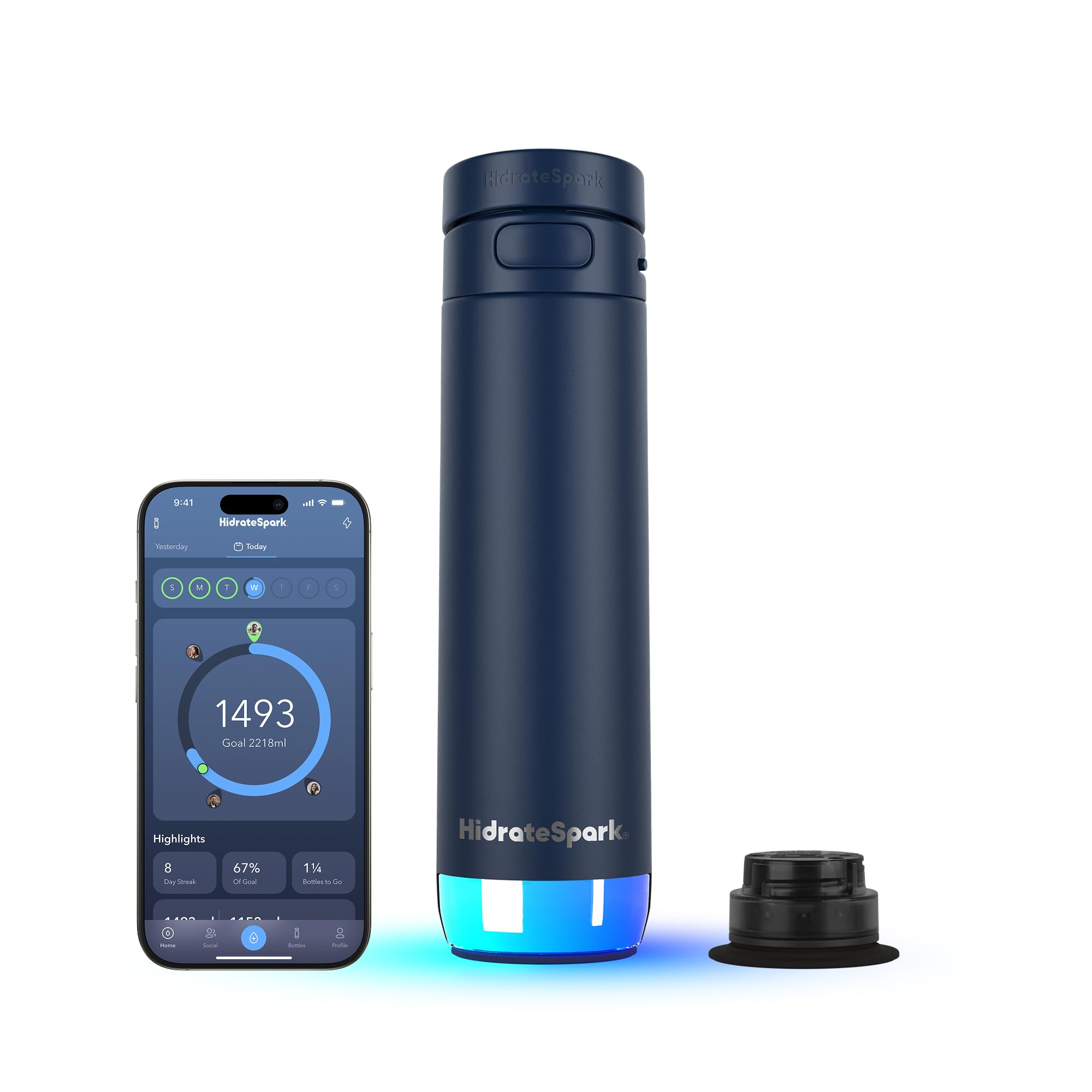HidrateSpark PRO 2 Butelka Inteligentna – 621 ml Stal Nierdzewna Izolowana, Monitoruje Nawodnienie, LED & Dźwięk Przypomnienia, Bluetooth App, Korek Chug, BPA-Free, Granatowa (z Apple Find My)