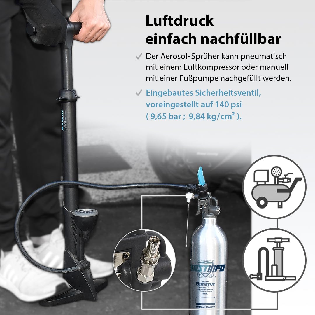 FIRSTINFO Bremsenreiniger Sprühflasche 1L Alu Drucksprüher 140 psi A1638L